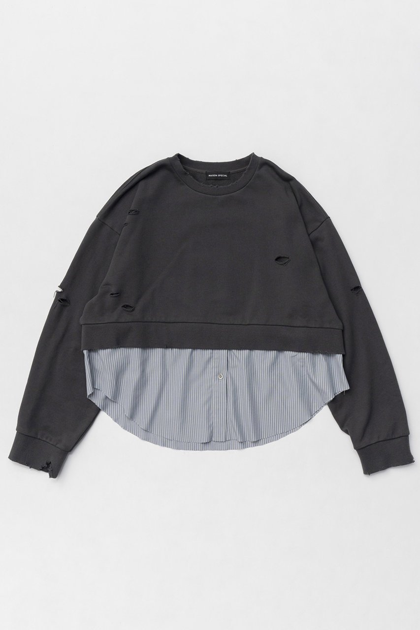 【メゾンスペシャル/MAISON SPECIAL】のShirt Layered Crush Processing Sweatshirt/シャツレイヤードクラッシュスウェット 人気、トレンドファッション・服の通販 founy(ファニー) 　ファッション　Fashion　レディースファッション　Fashion for Women　トップス・カットソー　Cut & Sew Tops　シャツ・ブラウス・オフィスカジュアル　Elegant Blouses & Button-Ups　レディースパーカー・カジュアルフーディー　Casual Hoodies & Sweatshirts　ロングTシャツ・Tシャツ　Longline T-Shirts & Tees　スウェット・クルーネックトップス　Sweatshirts & Crewnecks / Relaxed Fit Sweat Tops　カットソー・ベーシックTシャツ　Cut-and-Sewn Tops / Stretch Tees & Basics　インナー　Innerwear　ジャケット　Jacket, Outerwear　スウェット / スエット　Sweatshirt, Sweatwear　ストライプ　Stripe, Striped Pattern　ストレッチ　Stretch, Stretchy Fabric　ダメージ　Distressed, Destroyed　おすすめ　Recommended / Our Picks　 other-1|ID: prp329100004290101 ipo3291000000035922604