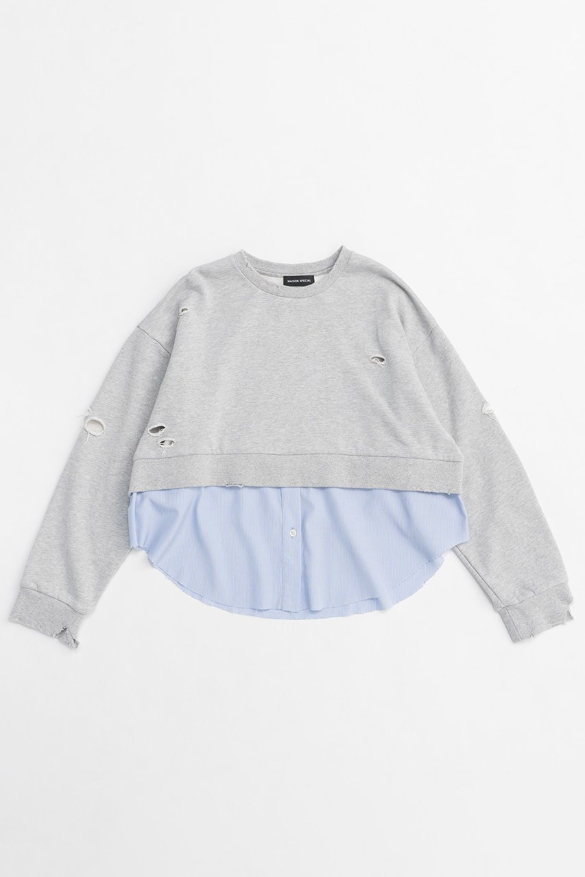 【メゾンスペシャル/MAISON SPECIAL】のShirt Layered Crush Processing Sweatshirt/シャツレイヤードクラッシュスウェット インテリア・キッズ・メンズ・レディースファッション・服の通販 founy(ファニー) 　ファッション　Fashion　レディースファッション　Fashion for Women　トップス・カットソー　Cut & Sew Tops　シャツ・ブラウス・オフィスカジュアル　Elegant Blouses & Button-Ups　レディースパーカー・カジュアルフーディー　Casual Hoodies & Sweatshirts　ロングTシャツ・Tシャツ　Longline T-Shirts & Tees　スウェット・クルーネックトップス　Sweatshirts & Crewnecks / Relaxed Fit Sweat Tops　カットソー・ベーシックTシャツ　Cut-and-Sewn Tops / Stretch Tees & Basics　インナー　Innerwear　ジャケット　Jacket, Outerwear　スウェット / スエット　Sweatshirt, Sweatwear　ストライプ　Stripe, Striped Pattern　ストレッチ　Stretch, Stretchy Fabric　ダメージ　Distressed, Destroyed　おすすめ　Recommended / Our Picks　GRY(グレー)|ID: prp329100004290101 ipo3291000000035922606
