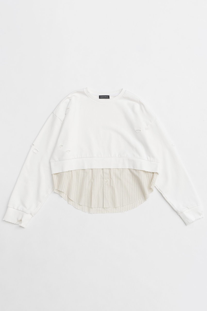 【メゾンスペシャル/MAISON SPECIAL】のShirt Layered Crush Processing Sweatshirt/シャツレイヤードクラッシュスウェット インテリア・キッズ・メンズ・レディースファッション・服の通販 founy(ファニー) 　ファッション　Fashion　レディースファッション　Fashion for Women　トップス・カットソー　Cut & Sew Tops　シャツ・ブラウス・オフィスカジュアル　Elegant Blouses & Button-Ups　レディースパーカー・カジュアルフーディー　Casual Hoodies & Sweatshirts　ロングTシャツ・Tシャツ　Longline T-Shirts & Tees　スウェット・クルーネックトップス　Sweatshirts & Crewnecks / Relaxed Fit Sweat Tops　カットソー・ベーシックTシャツ　Cut-and-Sewn Tops / Stretch Tees & Basics　インナー　Innerwear　ジャケット　Jacket, Outerwear　スウェット / スエット　Sweatshirt, Sweatwear　ストライプ　Stripe, Striped Pattern　ストレッチ　Stretch, Stretchy Fabric　ダメージ　Distressed, Destroyed　おすすめ　Recommended / Our Picks　O.WHT(オフホワイト)|ID: prp329100004290101 ipo3291000000035922607