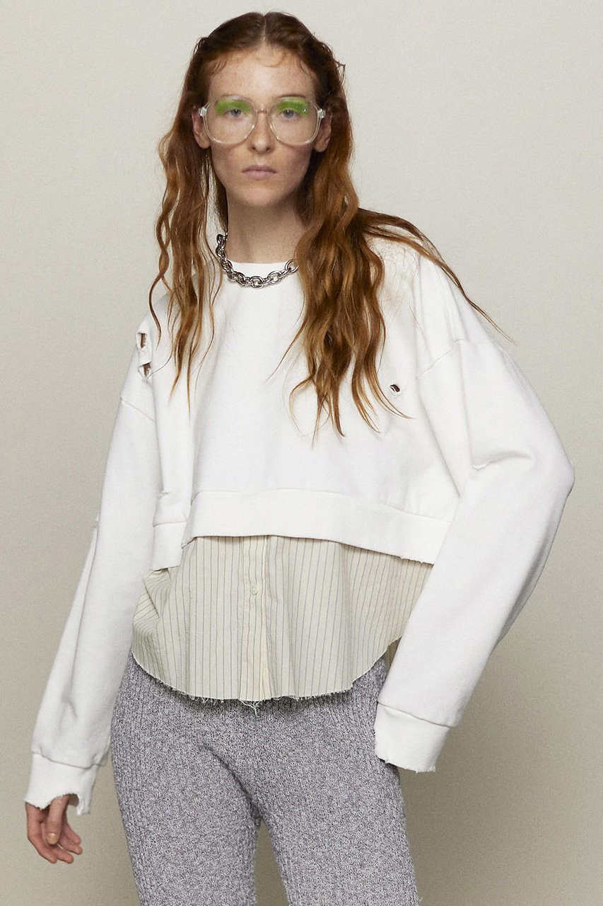 【メゾンスペシャル/MAISON SPECIAL】のShirt Layered Crush Processing Sweatshirt/シャツレイヤードクラッシュスウェット 人気、トレンドファッション・服の通販 founy(ファニー) 　ファッション　Fashion　レディースファッション　Fashion for Women　トップス・カットソー　Cut & Sew Tops　シャツ・ブラウス・オフィスカジュアル　Elegant Blouses & Button-Ups　レディースパーカー・カジュアルフーディー　Casual Hoodies & Sweatshirts　ロングTシャツ・Tシャツ　Longline T-Shirts & Tees　スウェット・クルーネックトップス　Sweatshirts & Crewnecks / Relaxed Fit Sweat Tops　カットソー・ベーシックTシャツ　Cut-and-Sewn Tops / Stretch Tees & Basics　インナー　Innerwear　ジャケット　Jacket, Outerwear　スウェット / スエット　Sweatshirt, Sweatwear　ストライプ　Stripe, Striped Pattern　ストレッチ　Stretch, Stretchy Fabric　ダメージ　Distressed, Destroyed　おすすめ　Recommended / Our Picks　other-4|ID: prp329100004290101 ipo3291000000035922610