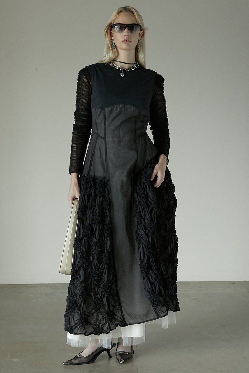【プランク プロジェクト/PRANK PROJECT】のフラワーシャーリングパネルワンピース / Flower shirring panel dress 人気、トレンドファッション・服の通販 founy(ファニー) 　ファッション　Fashion　レディースファッション　Fashion for Women　ワンピース　Dresses　フォーマル・パーティードレス・結婚式用ドレス　Elegant & Casual Dresses　チュニック　Tunic Tops & Dresses　インナー　Innerwear　カッティング　Cutting Detail　シアー　Sheer, See-Through　シャーリング　Shirring, Ruched　ストレッチ　Stretch, Stretchy Fabric　スニーカー　Sneakers, Trainers　チュニック　Tunic, Long Top　チュール　Tulip, Tulip Motif　バランス　Balance, Style Balance　フラワー　Flower, Floral　フロント　Front, Front Design　モチーフ　Motif, Design Theme　リネン　Linen, Linen Fabric　レース　Lace, Lace Fabric　ロング　Long, Long-Length　エレガント 上品　Elegant　長袖　Long Sleeve, Full Sleeve　other-6|ID: prp329100004308137 ipo3291000000032874512