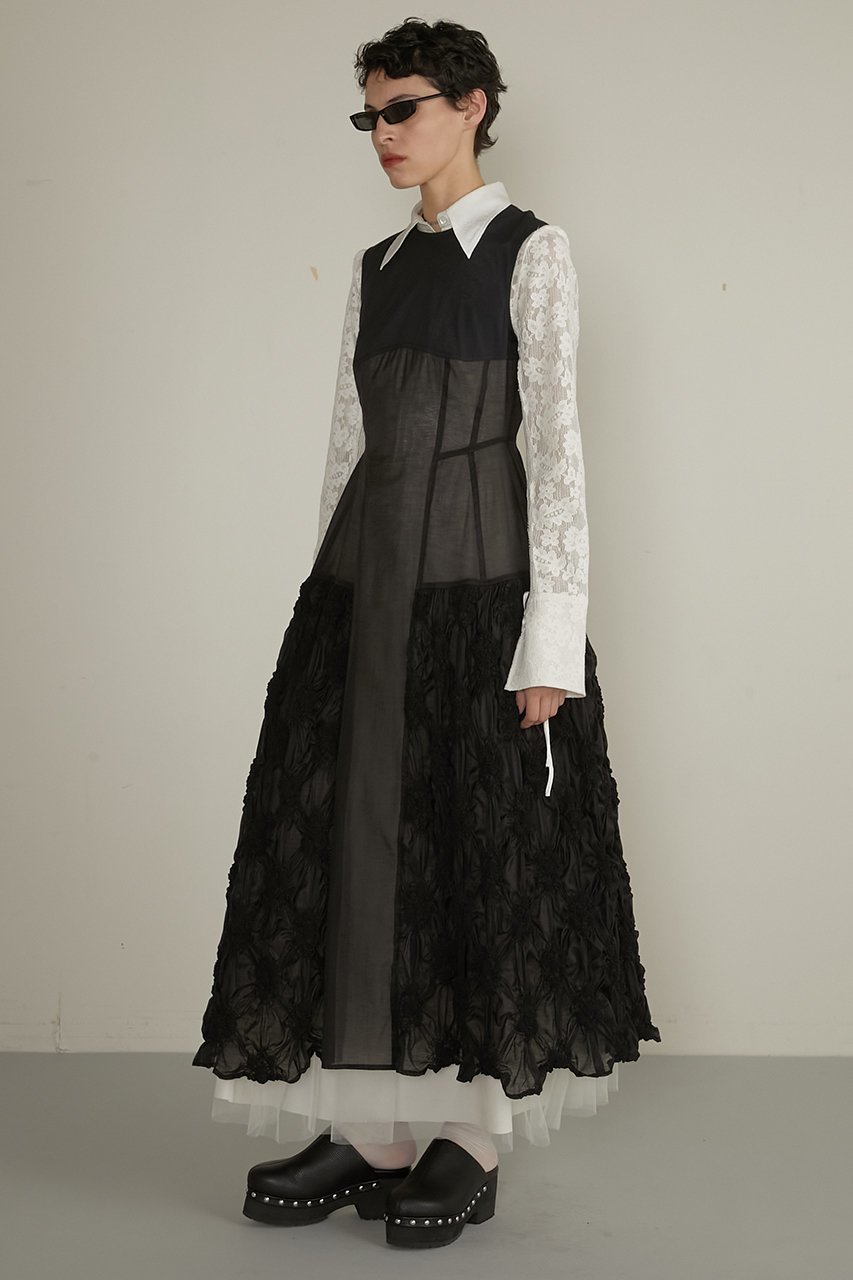 【プランク プロジェクト/PRANK PROJECT】のフラワーシャーリングパネルワンピース / Flower shirring panel dress 人気、トレンドファッション・服の通販 founy(ファニー) 　ファッション　Fashion　レディースファッション　Fashion for Women　ワンピース　Dresses　フォーマル・パーティードレス・結婚式用ドレス　Elegant & Casual Dresses　チュニック　Tunic Tops & Dresses　インナー　Innerwear　カッティング　Cutting Detail　シアー　Sheer, See-Through　シャーリング　Shirring, Ruched　ストレッチ　Stretch, Stretchy Fabric　スニーカー　Sneakers, Trainers　チュニック　Tunic, Long Top　チュール　Tulip, Tulip Motif　バランス　Balance, Style Balance　フラワー　Flower, Floral　フロント　Front, Front Design　モチーフ　Motif, Design Theme　リネン　Linen, Linen Fabric　レース　Lace, Lace Fabric　ロング　Long, Long-Length　エレガント 上品　Elegant　長袖　Long Sleeve, Full Sleeve　other-7|ID: prp329100004308137 ipo3291000000032874517