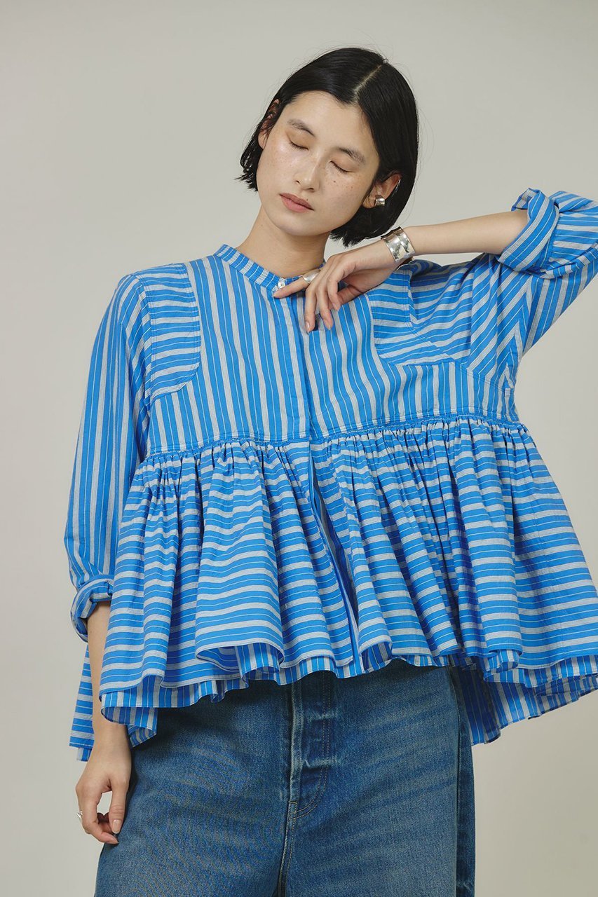 【カレンソロジー/Curensology】のストライプレイヤードギャザーブラウス インテリア・キッズ・メンズ・レディースファッション・服の通販 founy(ファニー) 　ファッション　Fashion　レディースファッション　Fashion for Women　トップス・カットソー　Cut & Sew Tops　シャツ・ブラウス・オフィスカジュアル　Elegant Blouses & Button-Ups　エアリー　Airy Texture　ギャザー　Gathered, Ruffled　ショート　Short, Short Length　スタイリッシュ　Stylish, Fashionable　ストライプ　Stripe, Striped Pattern　スリーブ　Sleeve, Long Sleeve / Short Sleeve　ランダム　Random, Irregular　春　Spring　サックスブルー(太いストライプ)|ID: prp329100004311657 ipo3291000000032810854