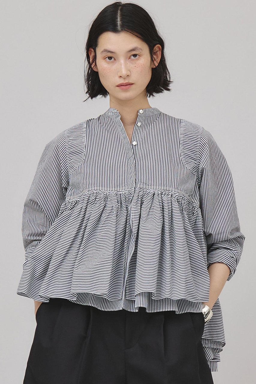 【カレンソロジー/Curensology】のストライプレイヤードギャザーブラウス インテリア・キッズ・メンズ・レディースファッション・服の通販 founy(ファニー) 　ファッション　Fashion　レディースファッション　Fashion for Women　トップス・カットソー　Cut & Sew Tops　シャツ・ブラウス・オフィスカジュアル　Elegant Blouses & Button-Ups　エアリー　Airy Texture　ギャザー　Gathered, Ruffled　ショート　Short, Short Length　スタイリッシュ　Stylish, Fashionable　ストライプ　Stripe, Striped Pattern　スリーブ　Sleeve, Long Sleeve / Short Sleeve　ランダム　Random, Irregular　春　Spring　ブラック|ID: prp329100004311657 ipo3291000000032810855