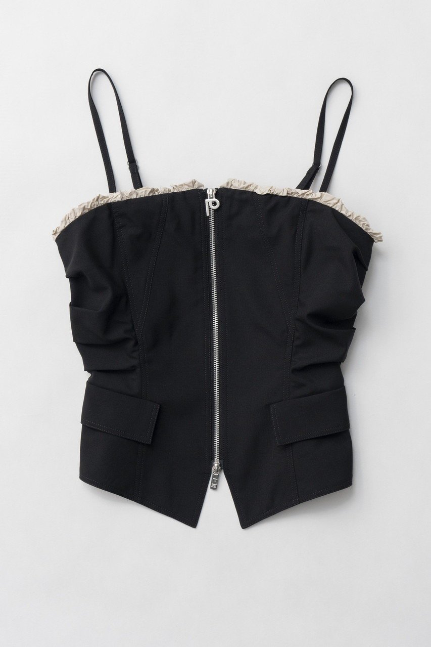 【プランク プロジェクト/PRANK PROJECT】のラッフルレイヤードビスチェ / Ruffled Layered Bustier 人気、トレンドファッション・服の通販 founy(ファニー) 　ファッション　Fashion　レディースファッション　Fashion for Women　トップス・カットソー　Cut & Sew Tops　キャミソール&ノースリーブ　Camisoles & Sleeveless Tops　シャツ・ブラウス・オフィスカジュアル　Elegant Blouses & Button-Ups　ビスチェ　Bustiers & Corset Tops / Layered Bustier Style　クラシカル　Classical, Vintage-Inspired　ジップ　Zip, Zipper　ジャケット　Jacket, Outerwear　ストライプ　Stripe, Striped Pattern　タフタ　Taffeta, Structured Fabric　トレンド　Trend, Trending Now　ノースリーブ　Sleeveless, No-Sleeve　ビスチェ　Bustier, Corset Top　フィット　Fit, Slim Fit　フロント　Front, Front Design　ラッフル　Ruffle, Frill　ラップ　Wrap, Wrap Design　ランダム　Random, Irregular　エレガント 上品　Elegant　 other-1|ID: prp329100004316388 ipo3291000000032879113
