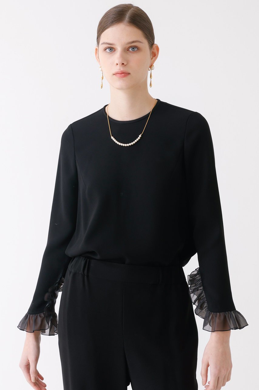 【デザイン ワークス/DESIGN WORKS】のバックサテンフリルスリーブブラウス 人気、トレンドファッション・服の通販 founy(ファニー) 　ファッション　Fashion　レディースファッション　Fashion for Women　トップス・カットソー　Cut & Sew Tops　シャツ・ブラウス・オフィスカジュアル　Elegant Blouses & Button-Ups　バッグ　Bags　シアー　Sheer, See-Through　シンプル　Simple, Minimal　ストレッチ　Stretch, Stretchy Fabric　スリット　Slit, Slit Detail　スリーブ　Sleeve, Long Sleeve / Short Sleeve　ロング　Long, Long-Length　エレガント 上品　Elegant　other-7|ID: prp329100004318952 ipo3291000000032873402