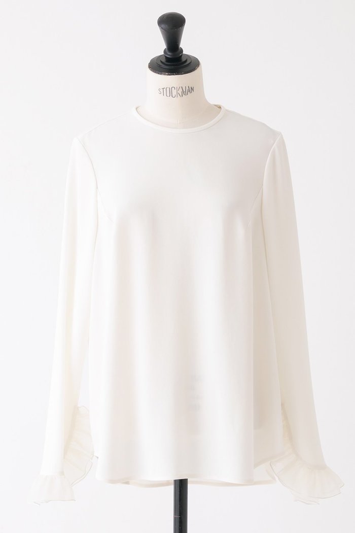 【デザイン ワークス/DESIGN WORKS】のバックサテンフリルスリーブブラウス インテリア・キッズ・メンズ・レディースファッション・服の通販 founy(ファニー) https://founy.com/ ファッション Fashion レディースファッション Fashion for Women トップス・カットソー Cut & Sew Tops シャツ・ブラウス・オフィスカジュアル Elegant Blouses & Button-Ups バッグ Bags シアー Sheer, See-Through シンプル Simple, Minimal ストレッチ Stretch, Stretchy Fabric スリット Slit, Slit Detail スリーブ Sleeve, Long Sleeve / Short Sleeve ロング Long, Long-Length エレガント 上品 Elegant |ID: prp329100004318952 ipo3291000000035739898