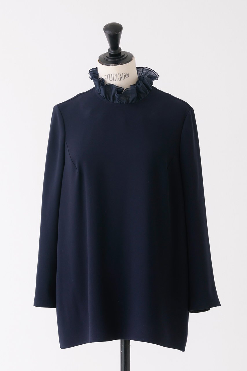 【デザイン ワークス/DESIGN WORKS】のバックサテンフリルカラーブラウス インテリア・キッズ・メンズ・レディースファッション・服の通販 founy(ファニー) 　ファッション　Fashion　レディースファッション　Fashion for Women　トップス・カットソー　Cut & Sew Tops　シャツ・ブラウス・オフィスカジュアル　Elegant Blouses & Button-Ups　バッグ　Bags　とろみ　Fluid, Flowy Fabric　サテン　Satin, Glossy Fabric　ジャケット　Jacket, Outerwear　ストレッチ　Stretch, Stretchy Fabric　スリーブ　Sleeve, Long Sleeve / Short Sleeve　フリル　Frill, Ruffle　ロング　Long, Long-Length　エレガント 上品　Elegant　ダークネイビー|ID: prp329100004320254 ipo3291000000032873280