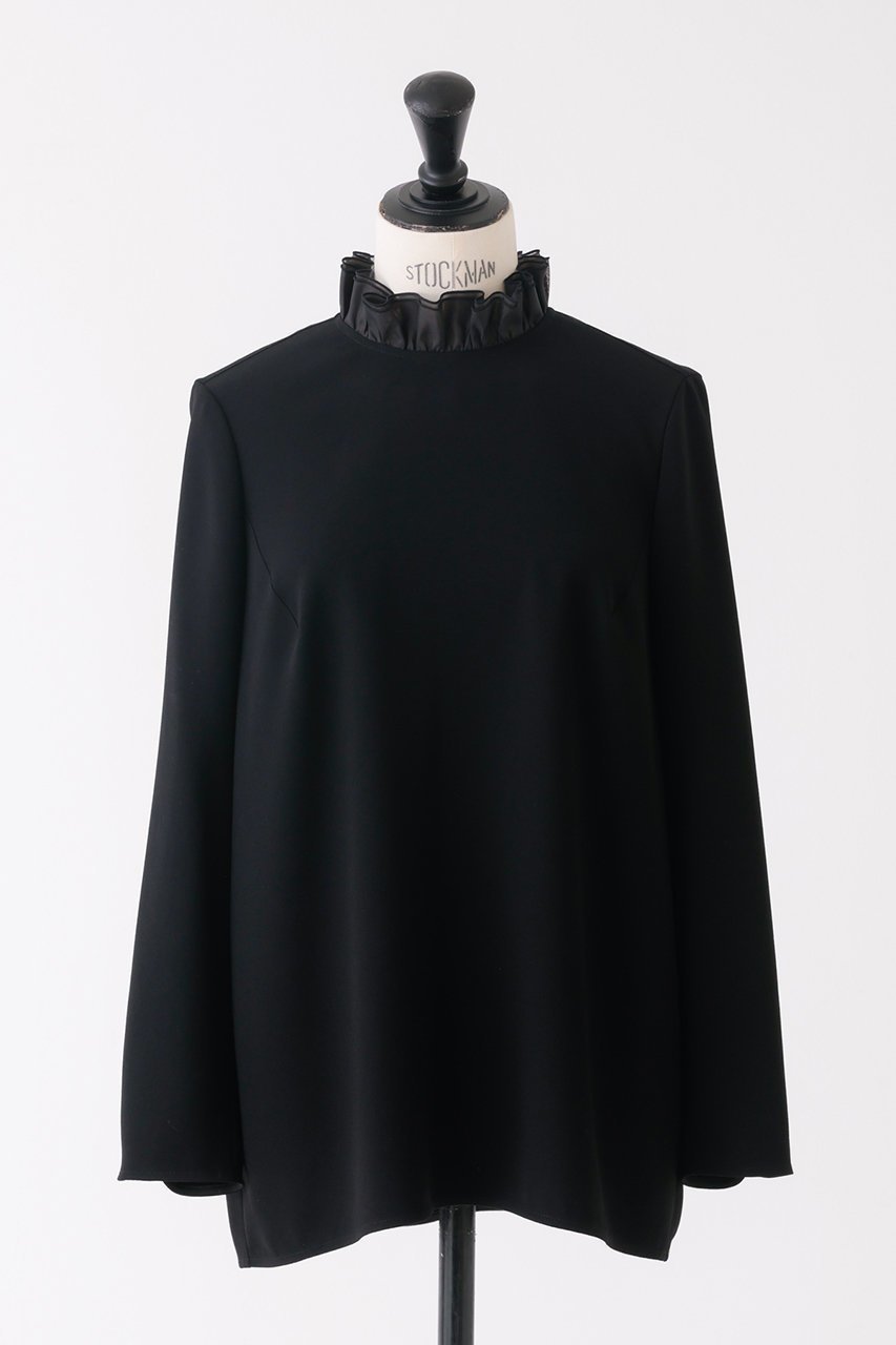【デザイン ワークス/DESIGN WORKS】のバックサテンフリルカラーブラウス インテリア・キッズ・メンズ・レディースファッション・服の通販 founy(ファニー) 　ファッション　Fashion　レディースファッション　Fashion for Women　トップス・カットソー　Cut & Sew Tops　シャツ・ブラウス・オフィスカジュアル　Elegant Blouses & Button-Ups　バッグ　Bags　とろみ　Fluid, Flowy Fabric　サテン　Satin, Glossy Fabric　ジャケット　Jacket, Outerwear　ストレッチ　Stretch, Stretchy Fabric　スリーブ　Sleeve, Long Sleeve / Short Sleeve　フリル　Frill, Ruffle　ロング　Long, Long-Length　エレガント 上品　Elegant　ブラック|ID: prp329100004320254 ipo3291000000032873284