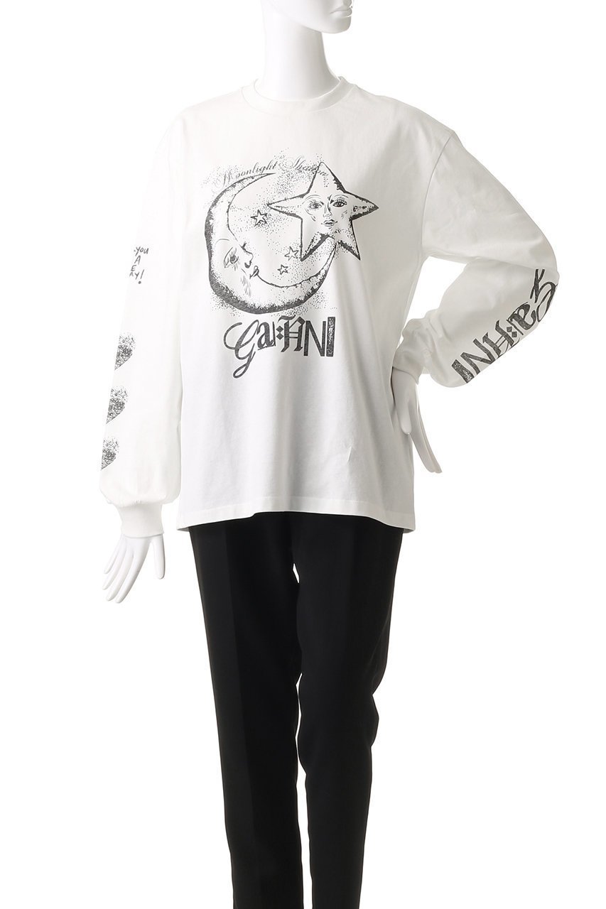 【ガニー/GANNI】のFuture Heavy Jersey Moon ロングスリーブTシャツ 人気、トレンドファッション・服の通販 founy(ファニー) 　ファッション　Fashion　レディースファッション　Fashion for Women　トップス・カットソー　Cut & Sew Tops　シャツ・ブラウス・オフィスカジュアル　Elegant Blouses & Button-Ups　ロングTシャツ・Tシャツ　Longline T-Shirts & Tees　カットソー・ベーシックTシャツ　Cut-and-Sewn Tops / Stretch Tees & Basics　カーゴパンツ　Cargo Pants, Utility Pants　スリーブ　Sleeve, Long Sleeve / Short Sleeve　デニム　Denim, Jeans Material　フォルム　Silhouette, Form　プリーツ　Pleats, Pleated　モチーフ　Motif, Design Theme　ロング　Long, Long-Length　other-2|ID: prp329100004320310 ipo3291000000032811496