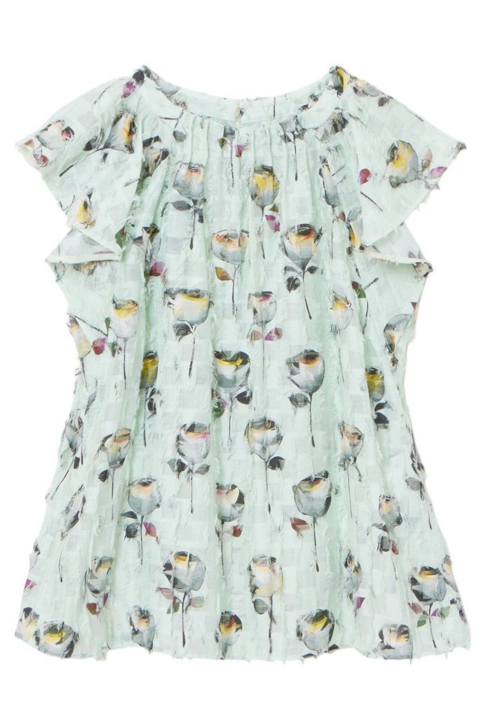 【アナイ/ANAYI】のカットジャガードフラワープリントタック ブラウス インテリア・キッズ・メンズ・レディースファッション・服の通販 founy(ファニー) https://founy.com/ ファッション Fashion レディースファッション Fashion for Women トップス・カットソー Cut & Sew Tops シャツ・ブラウス・オフィスカジュアル Elegant Blouses & Button-Ups 花柄・フラワープリント・モチーフ Floral Prints & Motifs / Flower Pattern Tops ショート Short, Short Length スリーブ Sleeve, Long Sleeve / Short Sleeve バランス Balance, Style Balance フラワー Flower, Floral フリンジ Fringe, Tassel フロント Front, Front Design モチーフ Motif, Design Theme ラッフル Ruffle, Frill |ID: prp329100004320352 ipo3291000000035051934