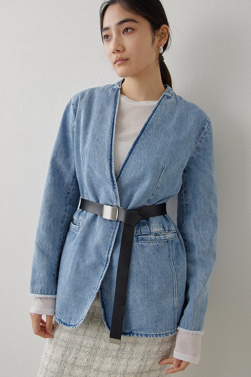 【ウィムガゼット/Whim Gazette】のDENIMノーカラージャケット インテリア・キッズ・メンズ・レディースファッション・服の通販 founy(ファニー) 　ファッション　Fashion　レディースファッション　Fashion for Women　アウター　Coat / Outerwear Collection　レディースジャケット・軽アウター　Jackets　ノーカラージャケット / シンプル上品コーデ　Collarless Jackets　ジャケット　Jacket, Outerwear　スラックス　Slacks, Dress Pants　デニム　Denim, Jeans Material　フリンジ　Fringe, Tassel　ヴィンテージ　Vintage Style　エレガント 上品　Elegant　インディゴブルー|ID: prp329100004320364 ipo3291000000032955825