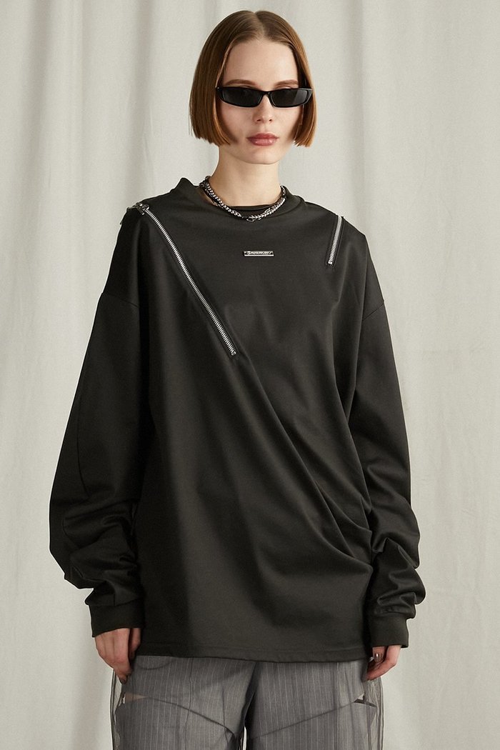 【プランク プロジェクト/PRANK PROJECT】のアシメドレープジップトップ / Asymmetric Drape Zip Top インテリア・キッズ・メンズ・レディースファッション・服の通販 founy(ファニー) https://founy.com/ ファッション Fashion レディースファッション Fashion for Women トップス・カットソー Cut & Sew Tops シャツ・ブラウス・オフィスカジュアル Elegant Blouses & Button-Ups レディースパーカー・カジュアルフーディー Casual Hoodies & Sweatshirts ロングTシャツ・Tシャツ Longline T-Shirts & Tees スウェット・クルーネックトップス Sweatshirts & Crewnecks / Relaxed Fit Sweat Tops カットソー・ベーシックTシャツ Cut-and-Sewn Tops / Stretch Tees & Basics おすすめ Recommended / Our Picks ジップ Zip, Zipper ドレープ Drape, Draping Fabric パターン Pattern, Design Print ボトム Bottoms, Lower Wear |ID: prp329100004335055 ipo3291000000032879695
