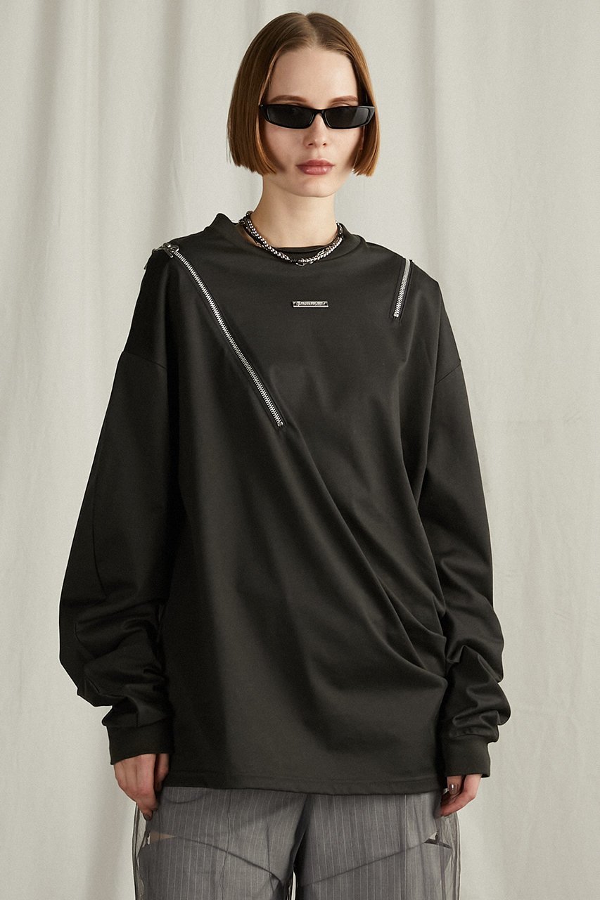 【プランク プロジェクト/PRANK PROJECT】のアシメドレープジップトップ / Asymmetric Drape Zip Top インテリア・キッズ・メンズ・レディースファッション・服の通販 founy(ファニー) 　ファッション　Fashion　レディースファッション　Fashion for Women　トップス・カットソー　Cut & Sew Tops　シャツ・ブラウス・オフィスカジュアル　Elegant Blouses & Button-Ups　レディースパーカー・カジュアルフーディー　Casual Hoodies & Sweatshirts　ロングTシャツ・Tシャツ　Longline T-Shirts & Tees　スウェット・クルーネックトップス　Sweatshirts & Crewnecks / Relaxed Fit Sweat Tops　カットソー・ベーシックTシャツ　Cut-and-Sewn Tops / Stretch Tees & Basics　おすすめ　Recommended / Our Picks　ジップ　Zip, Zipper　ドレープ　Drape, Draping Fabric　パターン　Pattern, Design Print　ボトム　Bottoms, Lower Wear　C.GRY(チャコールグレー)|ID: prp329100004335055 ipo3291000000032879701