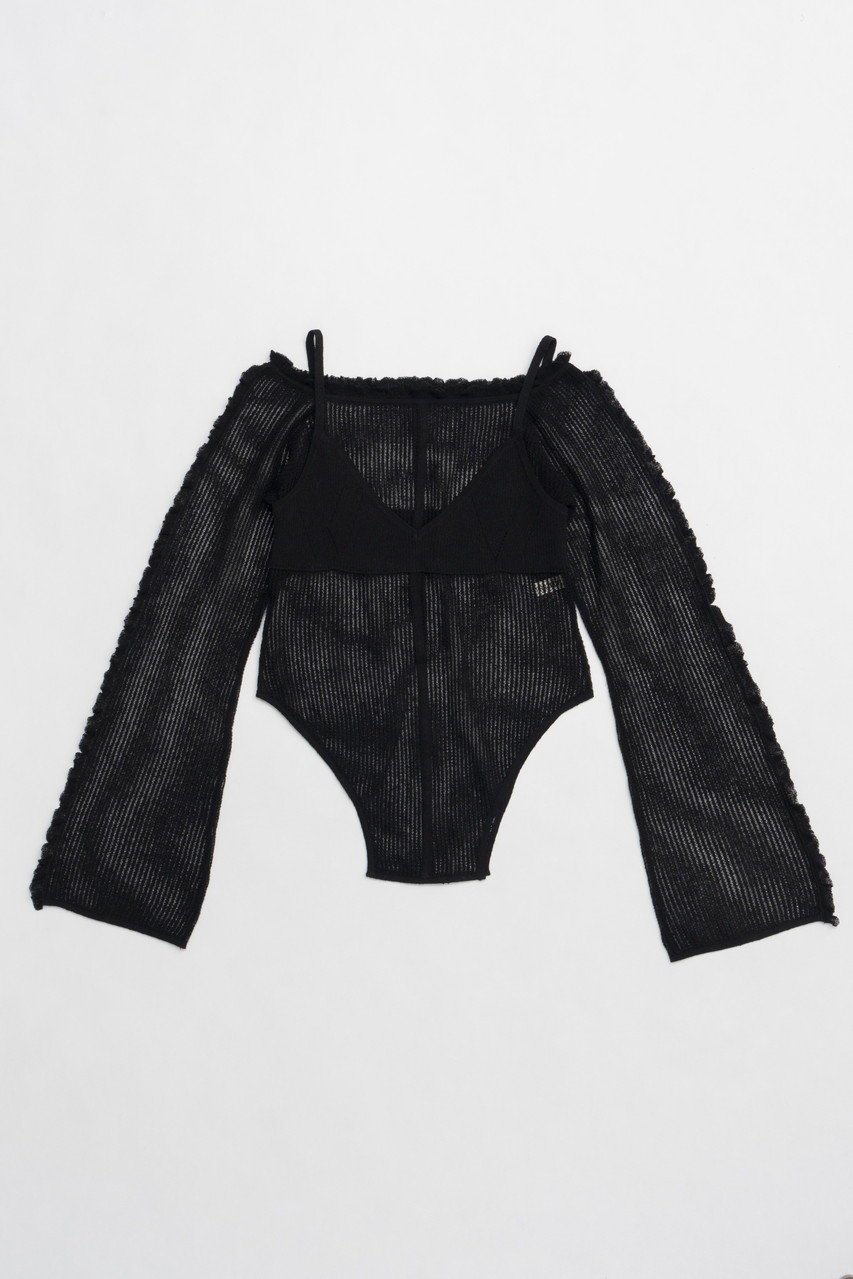 【プランク プロジェクト/PRANK PROJECT】のレイヤードフリルニットトップス / Layered Frill Knit Top インテリア・キッズ・メンズ・レディースファッション・服の通販 founy(ファニー) 　ファッション　Fashion　レディースファッション　WOMEN　トップス・カットソー　Tops/Tshirt　ニット　Knit Tops　キャミソール / ノースリーブ　No Sleeves　シャツ/ブラウス　Shirts/Blouses　ロング / Tシャツ　T-Shirts　カットソー　Cut and Sewn　キャミソール　Camisole　スーツ　Suit　タンク　Tank　デコルテ　Decolletage　ドッキング　Docking　フリル　Frills　ボトム　Bottom　リネン　Linen　BLK(ブラック)|ID: prp329100004335093 ipo3291000000030681949