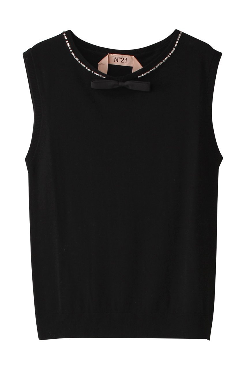 【ヌメロ ヴェントゥーノ/N°21】のリボンタイプルオーバー インテリア・キッズ・メンズ・レディースファッション・服の通販 founy(ファニー) 　ファッション　Fashion　レディースファッション　Fashion for Women　トップス・カットソー　Cut & Sew Tops　ニット　Knit Tops & Sweaters　カジュアルプルオーバー・ニットトップス　Pullovers & Knit Tops / Casual Pullovers　エレガント 上品　Elegant　ノースリーブ　Sleeveless, No-Sleeve　ビジュー　Bijou, Jewel-like Accent　リボン　Ribbon, Bow　リュクス　Luxury, Elegant, High-End, Chic　ブラック|ID: prp329100004336106 ipo3291000000034957232