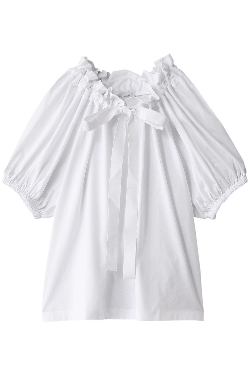 【パトゥ/PATOU】のボリュームジャージーブラウス インテリア・キッズ・メンズ・レディースファッション・服の通販 founy(ファニー) 　ファッション　Fashion　レディースファッション　Fashion for Women　トップス・カットソー　Cut & Sew Tops　シャツ・ブラウス・オフィスカジュアル　Elegant Blouses & Button-Ups　なめらか　Smooth, Silky Texture　ギャザー　Gathered, Ruffled　ショート　Short, Short Length　シンプル　Simple, Minimal　スリーブ　Sleeve, Long Sleeve / Short Sleeve　ダウン　Down, Puffer　デニム　Denim, Jeans Material　リボン　Ribbon, Bow　ワイド　Wide, Wide Fit　新作・新入荷　New Arrivals / New In　ホワイト|ID: prp329100004337428 ipo3291000000033486952