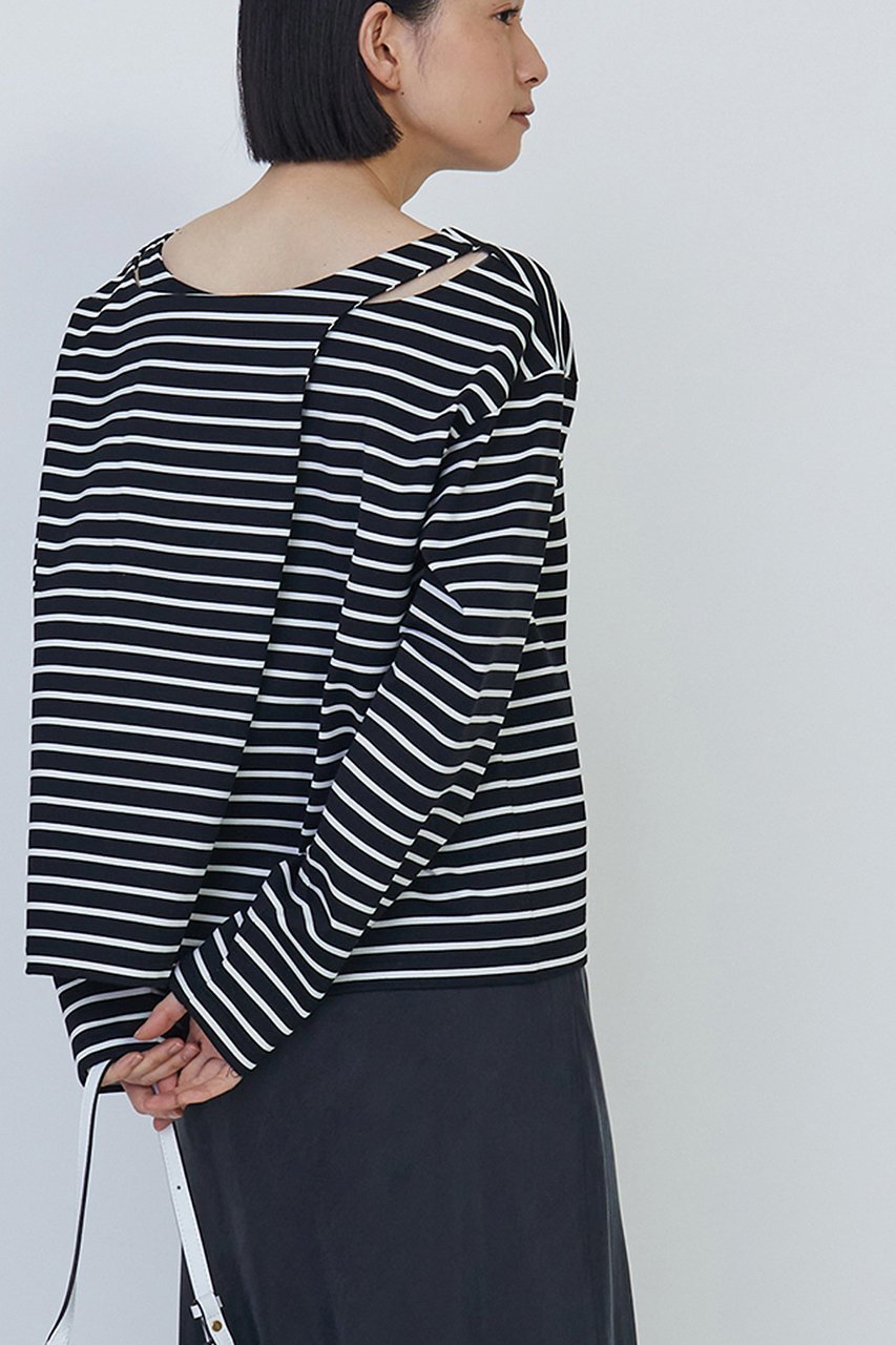【プルミエ アロンディスモン/1er Arrondissement】のバックツイストボーダーロングスリーブTシャツ 人気、トレンドファッション・服の通販 founy(ファニー) 　ファッション　Fashion　レディースファッション　WOMEN　トップス・カットソー　Tops/Tshirt　シャツ/ブラウス　Shirts/Blouses　ロング / Tシャツ　T-Shirts　カットソー　Cut and Sewn　カットソー　Cut And Sew　サテン　Satin　スリーブ　Sleeve　フレンチ　French　フロント　Front　ボーダー　Border　ロング　Long　other-2|ID: prp329100004337466 ipo3291000000031358671