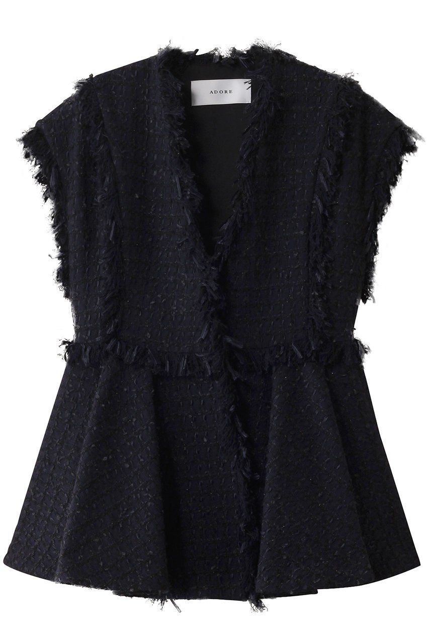 【アドーア/ADORE】のコットンチェックツィードジレ インテリア・キッズ・メンズ・レディースファッション・服の通販 founy(ファニー) 　ファッション　Fashion　レディースファッション　Fashion for Women　アウター　Coat / Outerwear Collection　レディースジャケット・軽アウター　Jackets　エレガント 上品　Elegant　ジャケット　Jacket, Outerwear　セットアップ　Set-Up, Coordinated Outfit　チェック　Check, Plaid, Tartan　ツイード　Twill, Twill Weave　パターン　Pattern, Design Print　フェミニン　Feminine, Girly　フリンジ　Fringe, Tassel　ベスト　Vest, Waistcoat　ペプラム　Peplum, Flared Hem　リボン　Ribbon, Bow　再入荷　Restock / Back in Stock　ネイビー|ID: prp329100004338547 ipo3291000000032926775