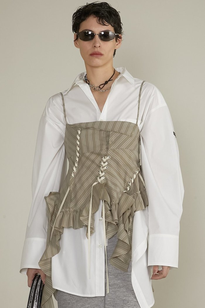 【プランク プロジェクト/PRANK PROJECT】のラッフルレースアップストライプトップス / Ruffle Lace-Up Stripe Top インテリア・キッズ・メンズ・レディースファッション・服の通販 founy(ファニー) https://founy.com/ ファッション Fashion レディースファッション WOMEN トップス・カットソー Tops/Tshirt キャミソール / ノースリーブ No Sleeves シャツ/ブラウス Shirts/Blouses カーゴパンツ Cargo Pants キャミワンピース Cami Dress ストライプ Stripe ノースリーブ No Sleeve ボトム Bottom レース Race ワイド Wide エレガント 上品 Elegant |ID: prp329100004341867 ipo3291000000030295023