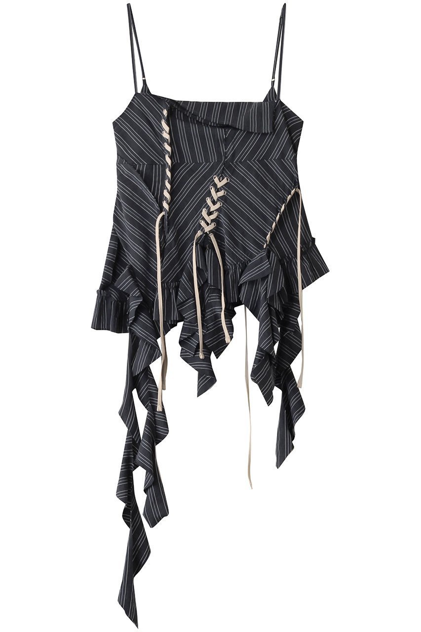 【プランク プロジェクト/PRANK PROJECT】のラッフルレースアップストライプトップス / Ruffle Lace-Up Stripe Top インテリア・キッズ・メンズ・レディースファッション・服の通販 founy(ファニー) ファッション Fashion レディースファッション Fashion for Women トップス・カットソー Cut & Sew Tops キャミソール&ノースリーブ Camisoles & Sleeveless Tops シャツ・ブラウス・オフィスカジュアル Elegant Blouses & Button-Ups カーゴパンツ Cargo Pants, Utility Pants キャミワンピース Cami Dress, Slip Dress ストライプ Stripe, Striped Pattern ノースリーブ Sleeveless, No-Sleeve ボトム Bottoms, Lower Wear レース Lace, Lace Fabric ワイド Wide, Wide Fit エレガント 上品 Elegant NVY(ネイビー)|ID: prp329100004341867 ipo3291000000032871644