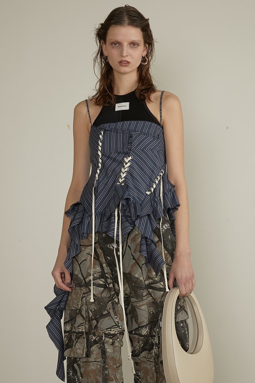 【プランク プロジェクト/PRANK PROJECT】のラッフルレースアップストライプトップス / Ruffle Lace-Up Stripe Top 人気、トレンドファッション・服の通販 founy(ファニー) ファッション Fashion レディースファッション Fashion for Women トップス・カットソー Cut & Sew Tops キャミソール&ノースリーブ Camisoles & Sleeveless Tops シャツ・ブラウス・オフィスカジュアル Elegant Blouses & Button-Ups カーゴパンツ Cargo Pants, Utility Pants キャミワンピース Cami Dress, Slip Dress ストライプ Stripe, Striped Pattern ノースリーブ Sleeveless, No-Sleeve ボトム Bottoms, Lower Wear レース Lace, Lace Fabric ワイド Wide, Wide Fit エレガント 上品 Elegant other-7|ID: prp329100004341867 ipo3291000000032871680