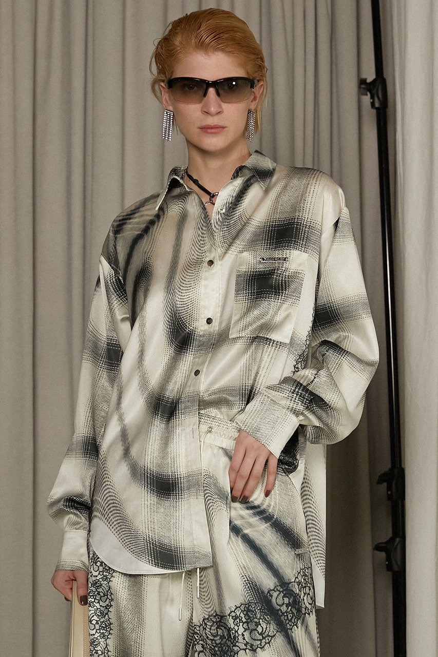 【プランク プロジェクト/PRANK PROJECT】のオンブレチェックレースプリントシャツ / Ombre Check Lace Print Shirt 人気、トレンドファッション・服の通販 founy(ファニー) 　ファッション　Fashion　レディースファッション　Fashion for Women　トップス・カットソー　Cut & Sew Tops　シャツ・ブラウス・オフィスカジュアル　Elegant Blouses & Button-Ups　ロングTシャツ・Tシャツ　Longline T-Shirts & Tees　おすすめ　Recommended / Our Picks　とろみ　Fluid, Flowy Fabric　サテン　Satin, Glossy Fabric　スリーブ　Sleeve, Long Sleeve / Short Sleeve　セットアップ　Set-Up, Coordinated Outfit　デニム　Denim, Jeans Material　トリミング　Trimming, Decorative Edge　プリント　Print, Printed Pattern　レース　Lace, Lace Fabric　ロング　Long, Long-Length　other-8|ID: prp329100004341881 ipo3291000000036140727