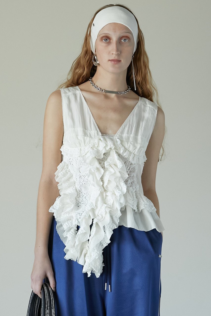 【プランク プロジェクト/PRANK PROJECT】のミックスフリルトップ / Mixed Frill Top 人気、トレンドファッション・服の通販 founy(ファニー) 　ファッション　Fashion　レディースファッション　WOMEN　トップス・カットソー　Tops/Tshirt　キャミソール / ノースリーブ　No Sleeves　シャツ/ブラウス　Shirts/Blouses　インナー　Inner　春　Spring　サテン　Satin　シアー　Sheer　シャーリング　Shirring　ショーツ　Shorts　シンプル　Simple　ジャージ　Jersey　ストレッチ　Stretch　ノースリーブ　No Sleeve　フリル　Frills　フロント　Front　ボトム　Bottom　ミックス　Mix　メッシュ　Mesh　レース　Race　S/S・春夏　Ss・Spring/Summer　おすすめ　Recommend　夏　Summer　other-4|ID: prp329100004341884 ipo3291000000031355869