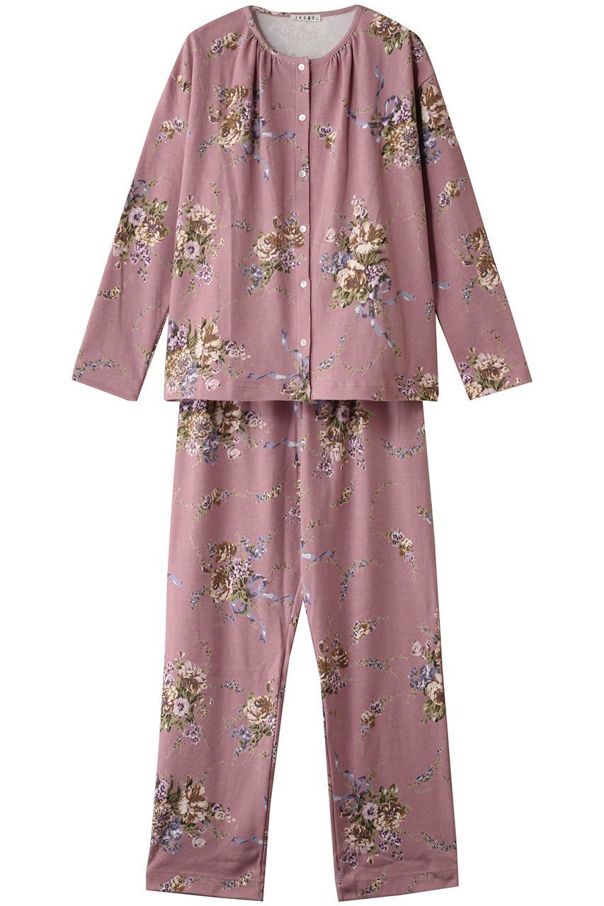 【イクコ/IKUKO】のスムース花柄プリント 全開パジャマ インテリア・キッズ・メンズ・レディースファッション・服の通販 founy(ファニー) 　ファッション　Fashion　レディースファッション　Fashion for Women　ギャザー　Gathered, Ruffled　パジャマ　Pajamas, Sleepwear　フェミニン　Feminine, Girly　プリント　Print, Printed Pattern　ピンク|ID: prp329100004341934 ipo3291000000032833949