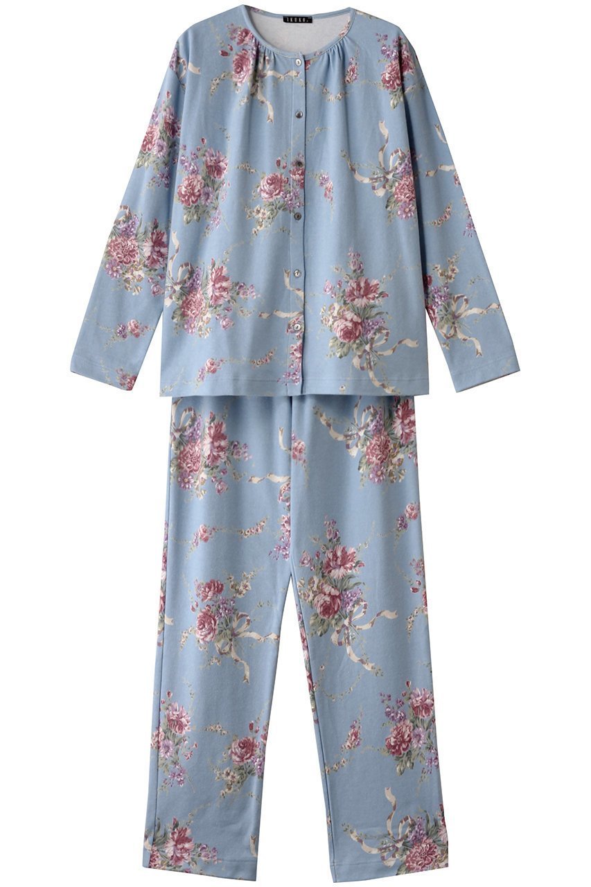 【イクコ/IKUKO】のスムース花柄プリント 全開パジャマ インテリア・キッズ・メンズ・レディースファッション・服の通販 founy(ファニー) 　ファッション　Fashion　レディースファッション　Fashion for Women　ギャザー　Gathered, Ruffled　パジャマ　Pajamas, Sleepwear　フェミニン　Feminine, Girly　プリント　Print, Printed Pattern　ブルー|ID: prp329100004341934 ipo3291000000032833950