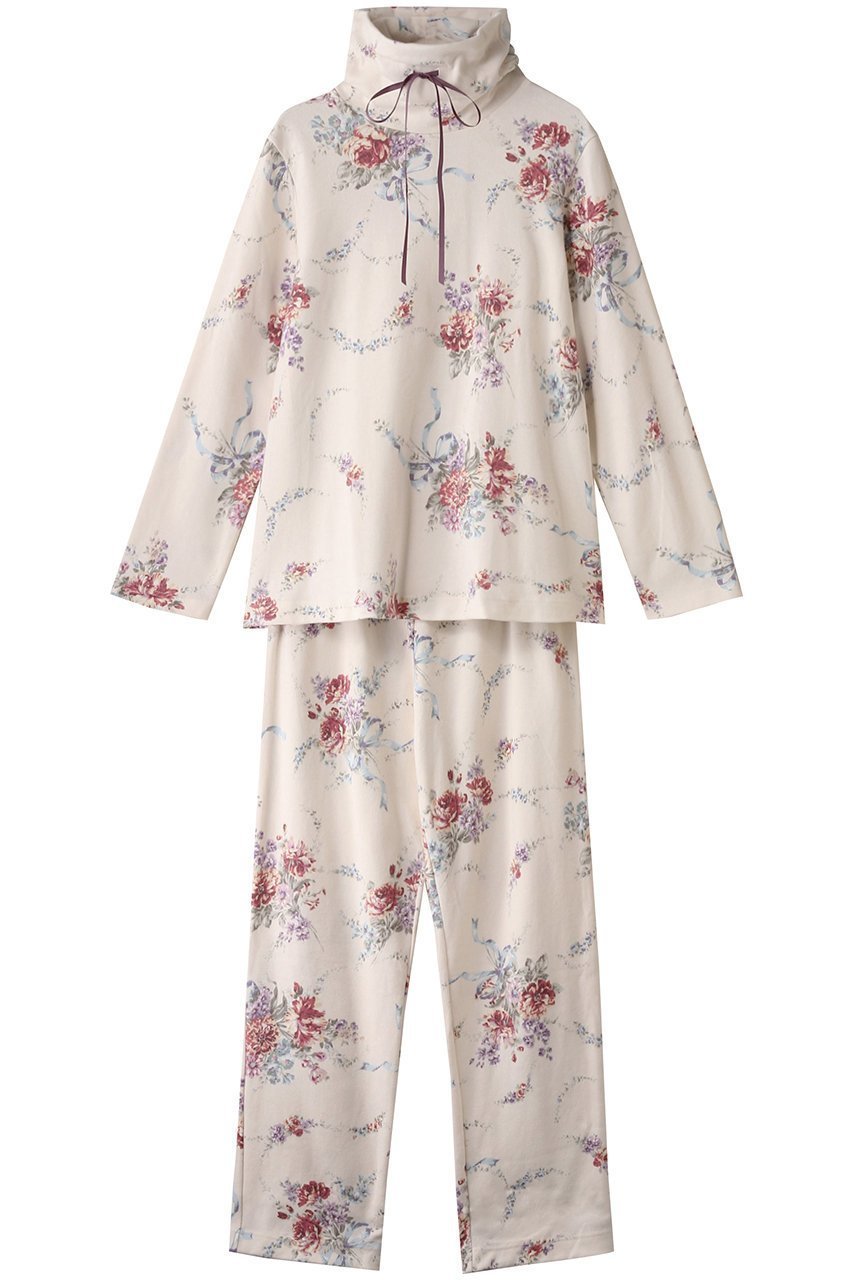 【イクコ/IKUKO】のスムース花柄プリント ハイネックパジャマ インテリア・キッズ・メンズ・レディースファッション・服の通販 founy(ファニー) 　ファッション　Fashion　レディースファッション　Fashion for Women　トレンド　Trend, Trending Now　ハイネック　High Neck, Mock Neck　パジャマ　Pajamas, Sleepwear　フィット　Fit, Slim Fit　フラワー　Flower, Floral　プリント　Print, Printed Pattern　リボン　Ribbon, Bow　エレガント 上品　Elegant　アイボリー|ID: prp329100004341936 ipo3291000000032833965