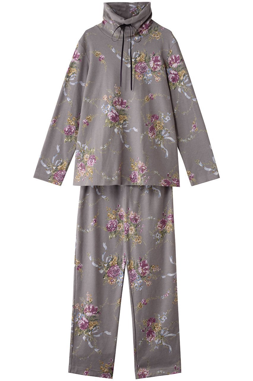【イクコ/IKUKO】のスムース花柄プリント ハイネックパジャマ インテリア・キッズ・メンズ・レディースファッション・服の通販 founy(ファニー) 　ファッション　Fashion　レディースファッション　Fashion for Women　トレンド　Trend, Trending Now　ハイネック　High Neck, Mock Neck　パジャマ　Pajamas, Sleepwear　フィット　Fit, Slim Fit　フラワー　Flower, Floral　プリント　Print, Printed Pattern　リボン　Ribbon, Bow　エレガント 上品　Elegant　グレー|ID: prp329100004341936 ipo3291000000032833966