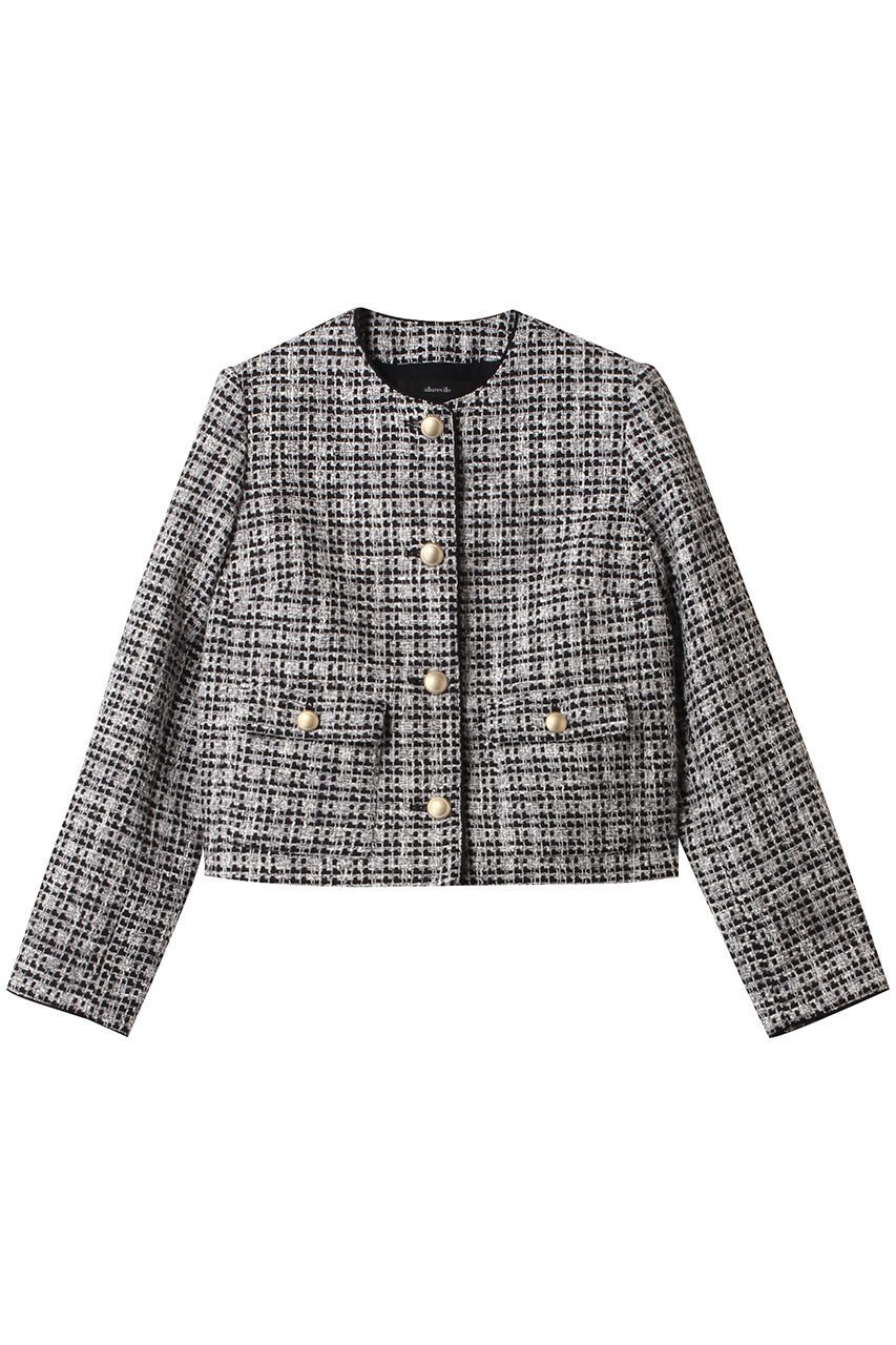 【アルアバイル/allureville】のファンシーツィードクルーネックジャケット インテリア・キッズ・メンズ・レディースファッション・服の通販 founy(ファニー) 　ファッション　Fashion　レディースファッション　Fashion for Women　アウター　Coat / Outerwear Collection　レディースジャケット・軽アウター　Jackets　コンパクト　Compact, Small Size　ショート　Short, Short Length　ジャケット　Jacket, Outerwear　ツイード　Twill, Twill Weave　デニム　Denim, Jeans Material　リュクス　Luxury, Elegant, High-End, Chic　ブラック|ID: prp329100004342953 ipo3291000000032958378