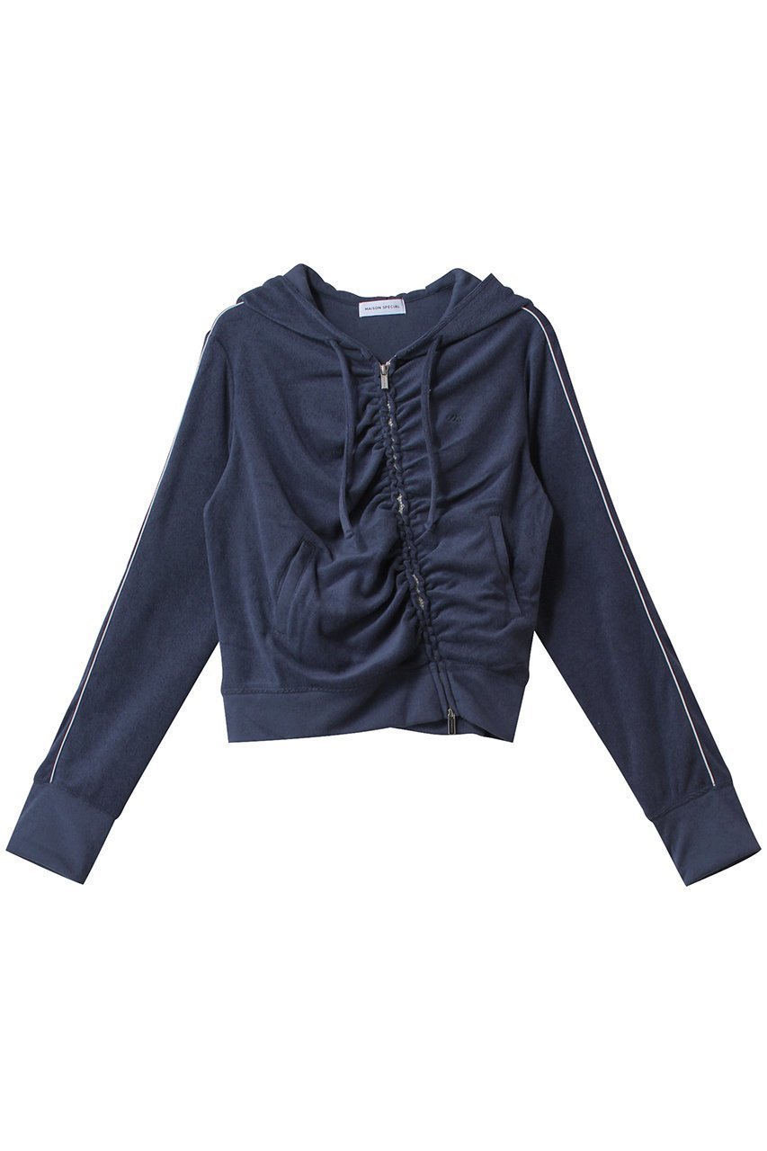 【メゾンスペシャル/MAISON SPECIAL】のGather Pile Fabric Short Length Hoodie/ギャザーパイルショートフーディー インテリア・キッズ・メンズ・レディースファッション・服の通販 founy(ファニー) 　ファッション　Fashion　レディースファッション　Fashion for Women　トップス・カットソー　Cut & Sew Tops　シャツ・ブラウス・オフィスカジュアル　Elegant Blouses & Button-Ups　レディースパーカー・カジュアルフーディー　Casual Hoodies & Sweatshirts　ロングTシャツ・Tシャツ　Longline T-Shirts & Tees　スウェット・クルーネックトップス　Sweatshirts & Crewnecks / Relaxed Fit Sweat Tops　カットソー・ベーシックTシャツ　Cut-and-Sewn Tops / Stretch Tees & Basics　ギャザー　Gathered, Ruffled　ショート　Short, Short Length　スタイリッシュ　Stylish, Fashionable　セットアップ　Set-Up, Coordinated Outfit　トレンド　Trend, Trending Now　フレア　Flare, Flared　フロント　Front, Front Design　おすすめ　Recommended / Our Picks　NVY(ネイビー)|ID: prp329100004343836 ipo3291000000032869602