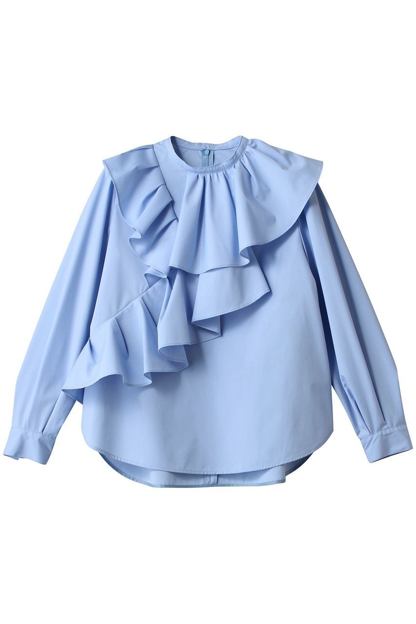 【アルアバイル/allureville】のアシメラッフルブラウス インテリア・キッズ・メンズ・レディースファッション・服の通販 founy(ファニー) 　ファッション　Fashion　レディースファッション　Fashion for Women　トップス・カットソー　Cut & Sew Tops　シャツ・ブラウス・オフィスカジュアル　Elegant Blouses & Button-Ups　おすすめ　Recommended / Our Picks　アシンメトリー　Asymmetrical Style　カーディガン　Cardigan, Knitwear　ジャケット　Jacket, Outerwear　スリーブ　Sleeve, Long Sleeve / Short Sleeve　デニム　Denim, Jeans Material　フロント　Front, Front Design　ラッフル　Ruffle, Frill　ロング　Long, Long-Length　ブルー|ID: prp329100004343849 ipo3291000000032868992