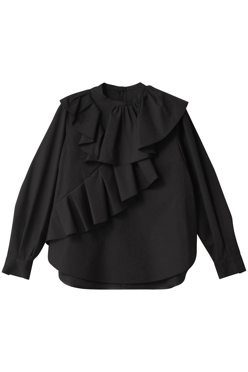 【アルアバイル/allureville】のアシメラッフルブラウス インテリア・キッズ・メンズ・レディースファッション・服の通販 founy(ファニー) 　ファッション　Fashion　レディースファッション　Fashion for Women　トップス・カットソー　Cut & Sew Tops　シャツ・ブラウス・オフィスカジュアル　Elegant Blouses & Button-Ups　おすすめ　Recommended / Our Picks　アシンメトリー　Asymmetrical Style　カーディガン　Cardigan, Knitwear　ジャケット　Jacket, Outerwear　スリーブ　Sleeve, Long Sleeve / Short Sleeve　デニム　Denim, Jeans Material　フロント　Front, Front Design　ラッフル　Ruffle, Frill　ロング　Long, Long-Length　ブラック|ID: prp329100004343849 ipo3291000000032868997