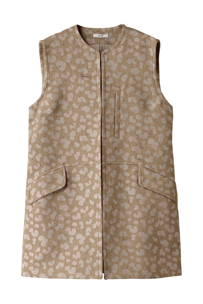 【クラネ/CLANE】のLINEN LEOPARD GILET/ジレ・ベスト インテリア・キッズ・メンズ・レディースファッション・服の通販 founy(ファニー) https://founy.com/ ファッション Fashion レディースファッション Fashion for Women アウター Coat / Outerwear Collection レディースジャケット・軽アウター Jackets ジャカード／ジャガード Jacquard, Woven Pattern ジャケット Jacket, Outerwear ノースリーブ Sleeveless, No-Sleeve フォルム Silhouette, Form ベスト Vest, Waistcoat マニッシュ Mannish, Boyish レオパード Leopard, Animal Print |ID: prp329100004349112 ipo3291000000032919939