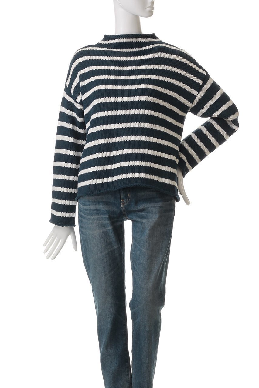 【デミーリー/DEMYLEE】のLAMIS STRIPE コットン モックネックニットプルオーバー 人気、トレンドファッション・服の通販 founy(ファニー) 　ファッション　Fashion　レディースファッション　Fashion for Women　トップス・カットソー　Cut & Sew Tops　ニット　Knit Tops & Sweaters　カジュアルプルオーバー・ニットトップス　Pullovers & Knit Tops / Casual Pullovers　ストライプ　Stripe, Striped Pattern　センター　Center, Center Line　デニム　Denim, Jeans Material　モックネック　Mock Neck, Short Turtleneck　リラックス　Relax, Relaxed Fit　エレガント 上品　Elegant　定番　Standard, Basic Item　other-2|ID: prp329100004352180 ipo3291000000032946716