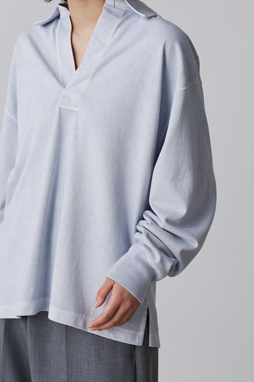 【イレーヴ/YLEVE】のオープンエンドCOTTON PIGMENT DYE スキッパー プルオーバー 人気、トレンドファッション・服の通販 founy(ファニー) 　ファッション　Fashion　レディースファッション　Fashion for Women　トップス・カットソー　Cut & Sew Tops　シャツ・ブラウス・オフィスカジュアル　Elegant Blouses & Button-Ups　ロングTシャツ・Tシャツ　Longline T-Shirts & Tees　カジュアルプルオーバー・ニットトップス　Pullovers & Knit Tops / Casual Pullovers　カットソー・ベーシックTシャツ　Cut-and-Sewn Tops / Stretch Tees & Basics　シンプル　Simple, Minimal　スキッパー　Skipper, Open Collar　スリーブ　Sleeve, Long Sleeve / Short Sleeve　ロング　Long, Long-Length　定番　Standard, Basic Item　other-8|ID: prp329100004352210 ipo3291000000032881743