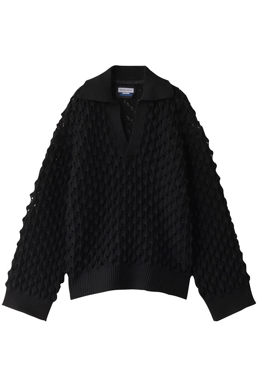 【メゾンスペシャル/MAISON SPECIAL】の【UNISEX】スパイクメッシュスキッパーニット インテリア・キッズ・メンズ・レディースファッション・服の通販 founy(ファニー) 　ファッション　Fashion　レディースファッション　Fashion for Women　トップス・カットソー　Cut & Sew Tops　ニット　Knit Tops & Sweaters　カジュアルプルオーバー・ニットトップス　Pullovers & Knit Tops / Casual Pullovers　ユニセックス　Unisex, Genderless　スキッパー　Skipper, Open Collar　スリーブ　Sleeve, Long Sleeve / Short Sleeve　バランス　Balance, Style Balance　メッシュ　Mesh, Net Fabric　リラックス　Relax, Relaxed Fit　BLK(ブラック)|ID: prp329100004352250 ipo3291000000032955881