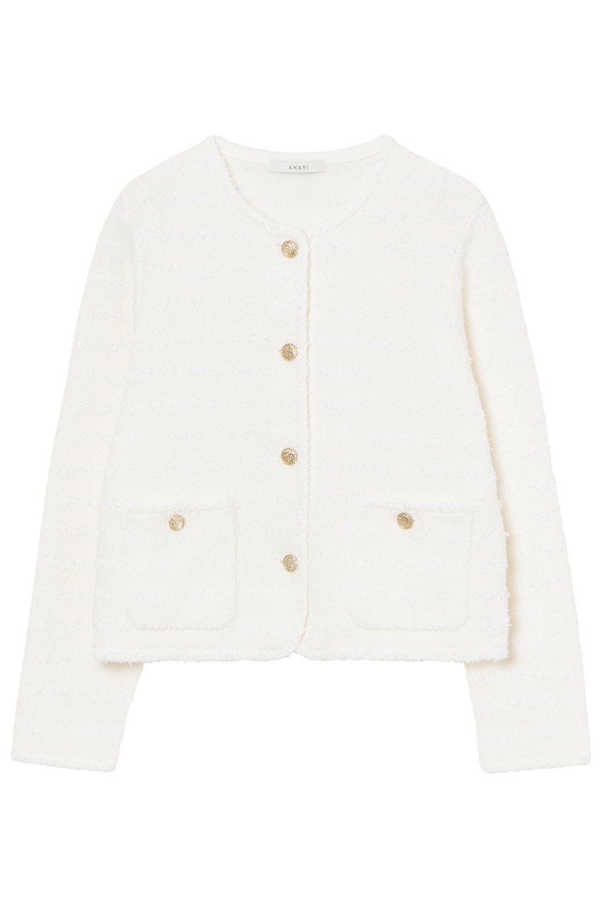【アナイ/ANAYI】のペーパーシャギーモールジャケットカーディガン インテリア・キッズ・メンズ・レディースファッション・服の通販 founy(ファニー) 　ファッション　Fashion　レディースファッション　Fashion for Women　カーディガン　Cardigan, Knitwear　ジャケット　Jacket, Outerwear　ダブル　Double, Double-Breasted　トリミング　Trimming, Decorative Edge　フェイス　Face, Facial Design　ペーパー　Paper, Kraft Paper　ボーダー　Border, Stripe　定番　Standard, Basic Item　軽量　Lightweight, Ultra Light　オフホワイト|ID: prp329100004354865 ipo3291000000032954603