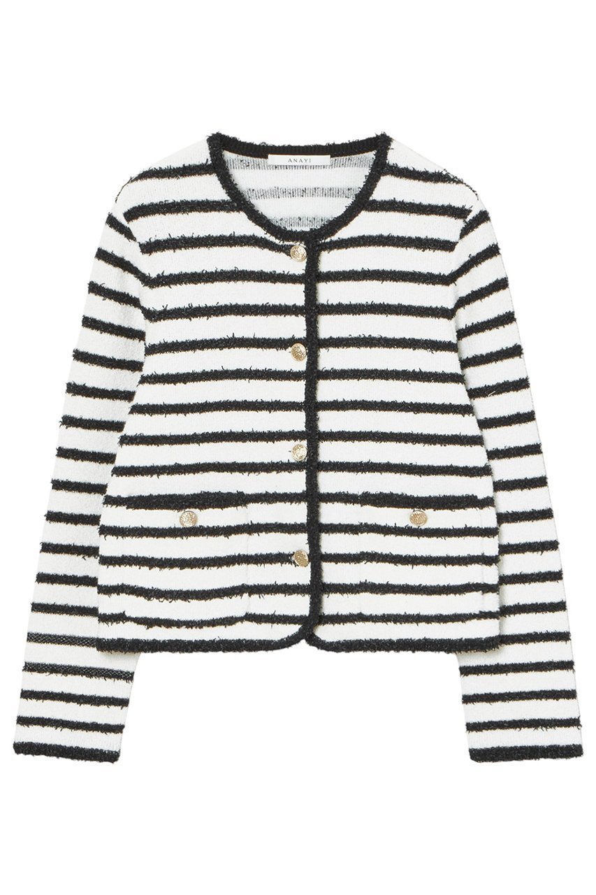 【アナイ/ANAYI】のペーパーシャギーモールジャケットカーディガン インテリア・キッズ・メンズ・レディースファッション・服の通販 founy(ファニー) 　ファッション　Fashion　レディースファッション　Fashion for Women　カーディガン　Cardigan, Knitwear　ジャケット　Jacket, Outerwear　ダブル　Double, Double-Breasted　トリミング　Trimming, Decorative Edge　フェイス　Face, Facial Design　ペーパー　Paper, Kraft Paper　ボーダー　Border, Stripe　定番　Standard, Basic Item　軽量　Lightweight, Ultra Light　ホワイトボーダー|ID: prp329100004354865 ipo3291000000032954608