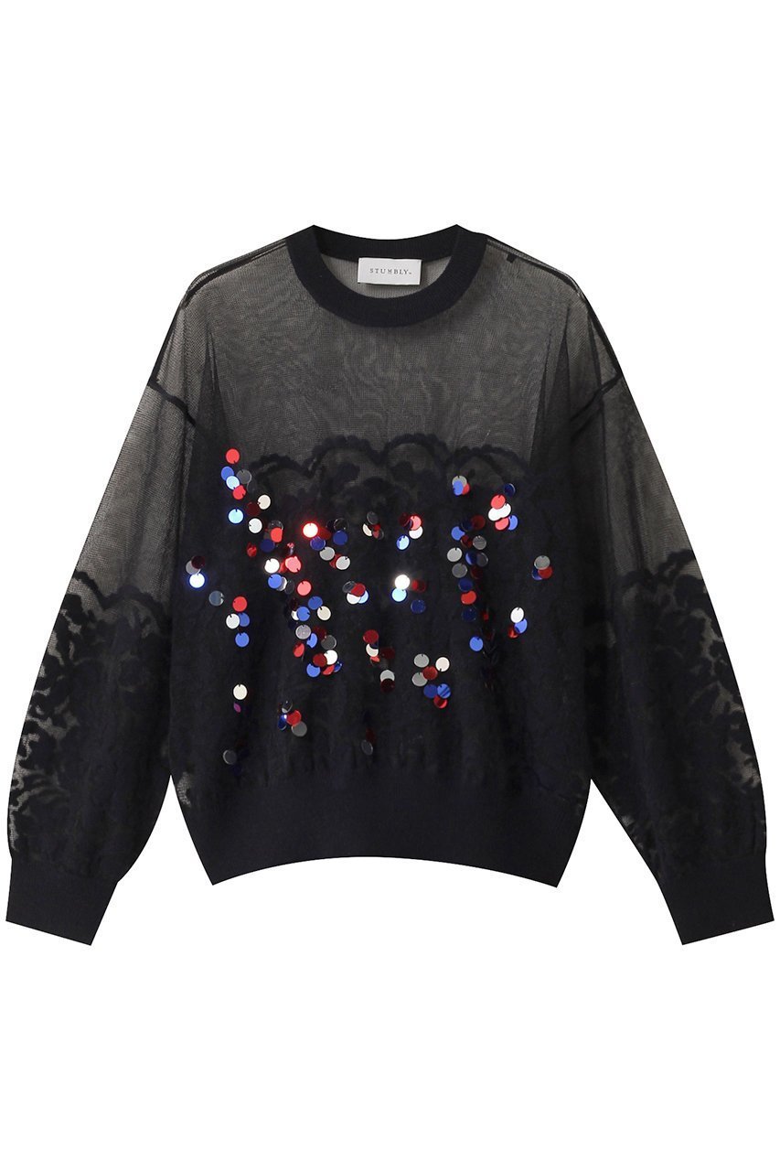 【ヒューエルミュージアム/hueLe Museum】の【STUMBLY】Rainbow Sequins Knit Pullover インテリア・キッズ・メンズ・レディースファッション・服の通販 founy(ファニー) 　ファッション　Fashion　レディースファッション　Fashion for Women　トップス・カットソー　Cut & Sew Tops　ニット　Knit Tops & Sweaters　カジュアルプルオーバー・ニットトップス　Pullovers & Knit Tops / Casual Pullovers　シンプル　Simple, Minimal　メッシュ　Mesh, Net Fabric　ブラック|ID: prp329100004356233 ipo3291000000032959175