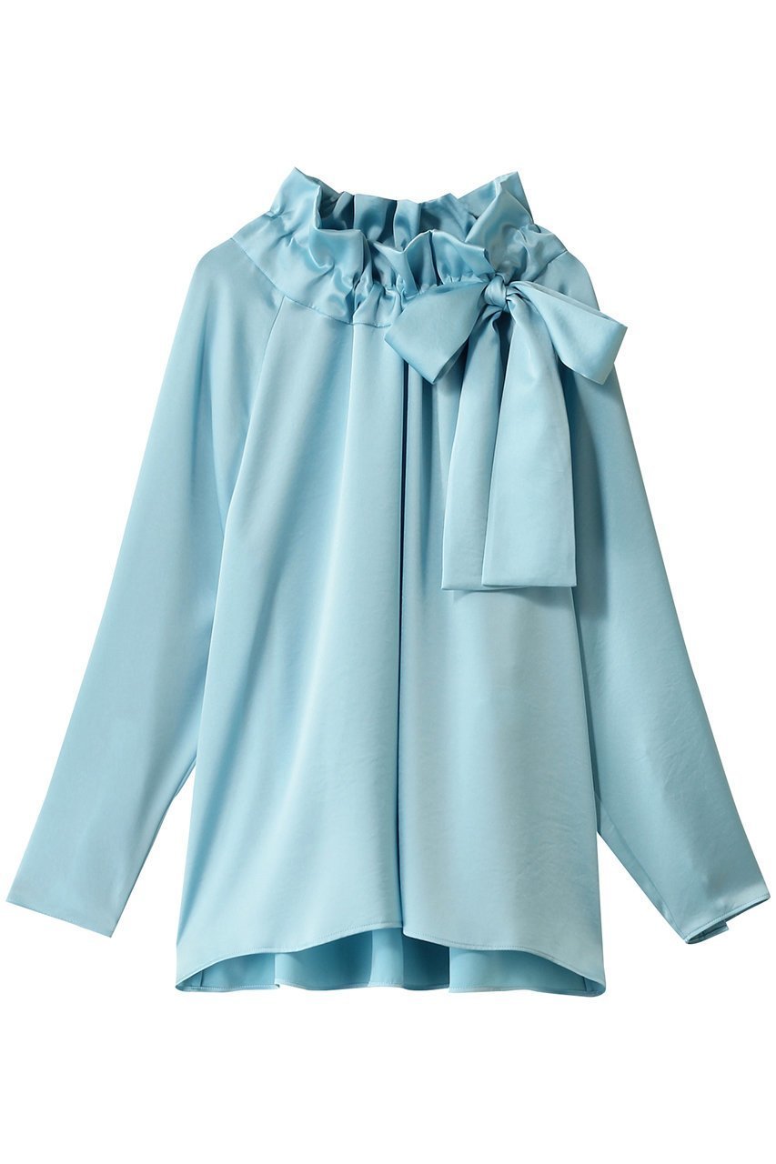 【デザイン ワークス/DESIGN WORKS】のサテンリボンブラウス インテリア・キッズ・メンズ・レディースファッション・服の通販 founy(ファニー) 　ファッション　Fashion　レディースファッション　Fashion for Women　トップス・カットソー　Cut & Sew Tops　シャツ・ブラウス・オフィスカジュアル　Elegant Blouses & Button-Ups　カフス　Cuff Design　サテン　Satin, Glossy Fabric　スリーブ　Sleeve, Long Sleeve / Short Sleeve　センター　Center, Center Line　フレア　Flare, Flared　リボン　Ribbon, Bow　ロング　Long, Long-Length　ブルー|ID: prp329100004357110 ipo3291000000032870380