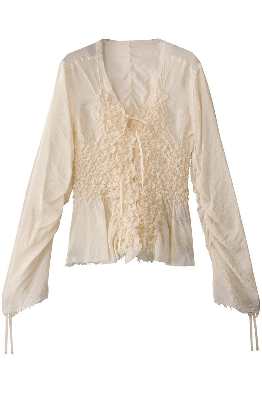 【プランク プロジェクト/PRANK PROJECT】のシャーリングトップ / Shirring Top インテリア・キッズ・メンズ・レディースファッション・服の通販 founy(ファニー) 　ファッション　Fashion　レディースファッション　Fashion for Women　トップス・カットソー　Cut & Sew Tops　シャツ・ブラウス・オフィスカジュアル　Elegant Blouses & Button-Ups　カッティング　Cutting Detail　サテン　Satin, Glossy Fabric　シアー　Sheer, See-Through　シェイプ　Shape, Slim Fit　シャーリング　Shirring, Ruched　スリーブ　Sleeve, Long Sleeve / Short Sleeve　フィット　Fit, Slim Fit　ボトム　Bottoms, Lower Wear　ロング　Long, Long-Length　今季　This Season, Current Season　羽織　Haori, Light Jacket　WHT(ホワイト)|ID: prp329100004359675 ipo3291000000035387286