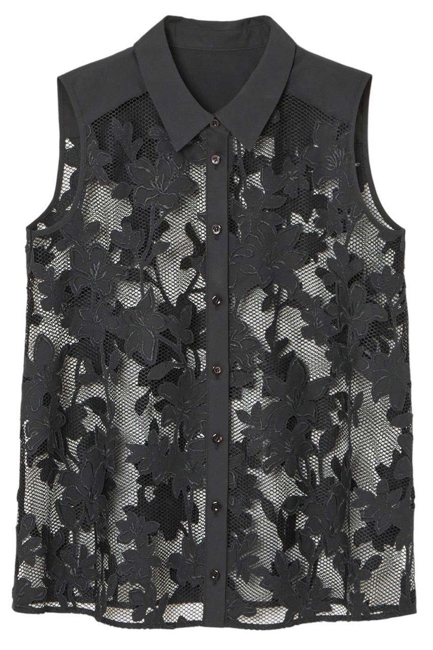 【アナイ/ANAYI】のメッシュフラワーシャツブラウス インテリア・キッズ・メンズ・レディースファッション・服の通販 founy(ファニー) 　ファッション　Fashion　レディースファッション　Fashion for Women　トップス・カットソー　Cut & Sew Tops　キャミソール&ノースリーブ　Camisoles & Sleeveless Tops　シャツ・ブラウス・オフィスカジュアル　Elegant Blouses & Button-Ups　エレガント 上品　Elegant　セットアップ　Set-Up, Coordinated Outfit　ノースリーブ　Sleeveless, No-Sleeve　フラワー　Flower, Floral　ブロード　Broadcloth, Fine Cotton　メッシュ　Mesh, Net Fabric　モダン　Modern, Contemporary　モチーフ　Motif, Design Theme　ヨーク　Yoke, Yoke Design　無地　Plain, Solid Color　ブラック|ID: prp329100004359759 ipo3291000000032848999