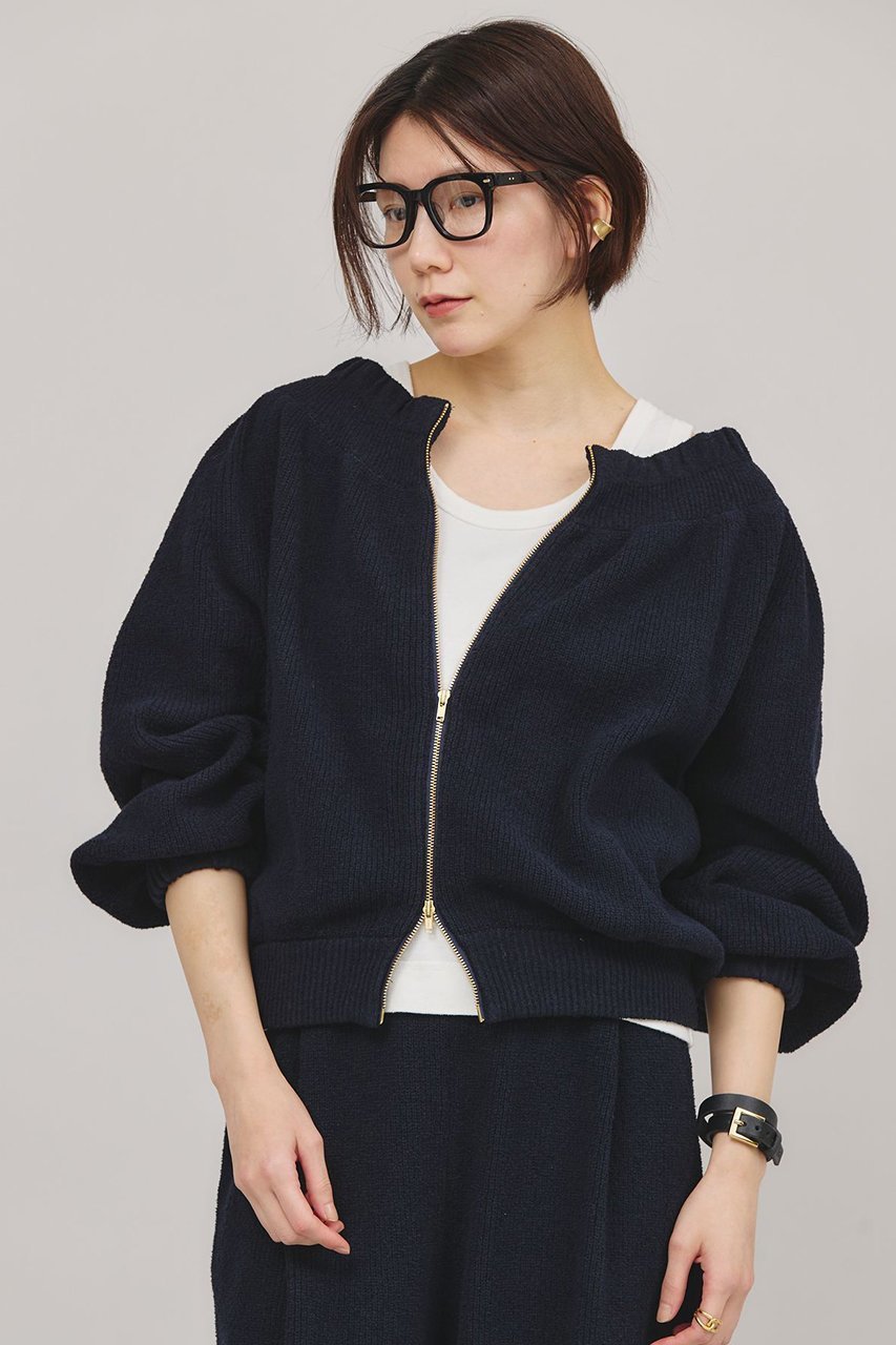【カレンソロジー/Curensology】のブークレニットジップカーディガン インテリア・キッズ・メンズ・レディースファッション・服の通販 founy(ファニー) 　ファッション　Fashion　レディースファッション　Ladies' Fashion Online　トップス・カットソー　Tops/Tshirt　ニット　Knit Tops　カーディガン　Cardigans　カーディガン　Cardigan　ギャザー　Gather　スポーティ　Sporty　フィット　Fit　フェミニン　Feminine　ブルゾン　Blouson　再入荷　Restock/Back In Stock/Re Arrival　ネイビー|ID: prp329100004361326 ipo3291000000032613723