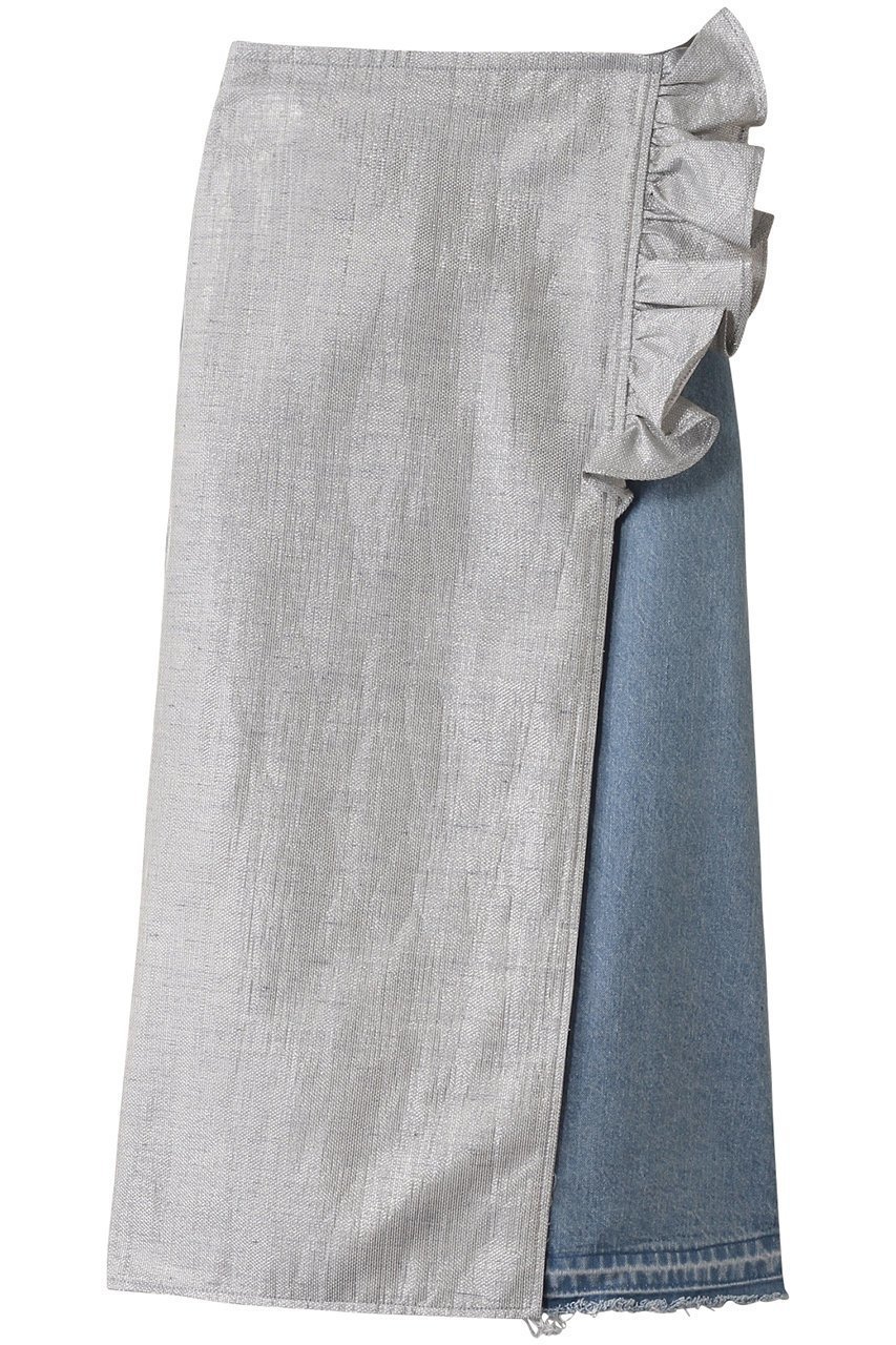 【ルール ロジェット/leur logette】のミラークロース&デニムコンビネーションスカート インテリア・キッズ・メンズ・レディースファッション・服の通販 founy(ファニー) 　ファッション　Fashion　レディースファッション　Fashion for Women　スカート　Skirts　ロングスカート　Long Skirts / Maxi & Midi Skirts　コンビ　Combo, Combination Style　シルバー　Silver, Metallic Silver　デニム　Denim, Jeans Material　フリル　Frill, Ruffle　ラップ　Wrap, Wrap Design　リボン　Ribbon, Bow　ロング　Long, Long-Length　ブルー|ID: prp329100004364163 ipo3291000000032826228