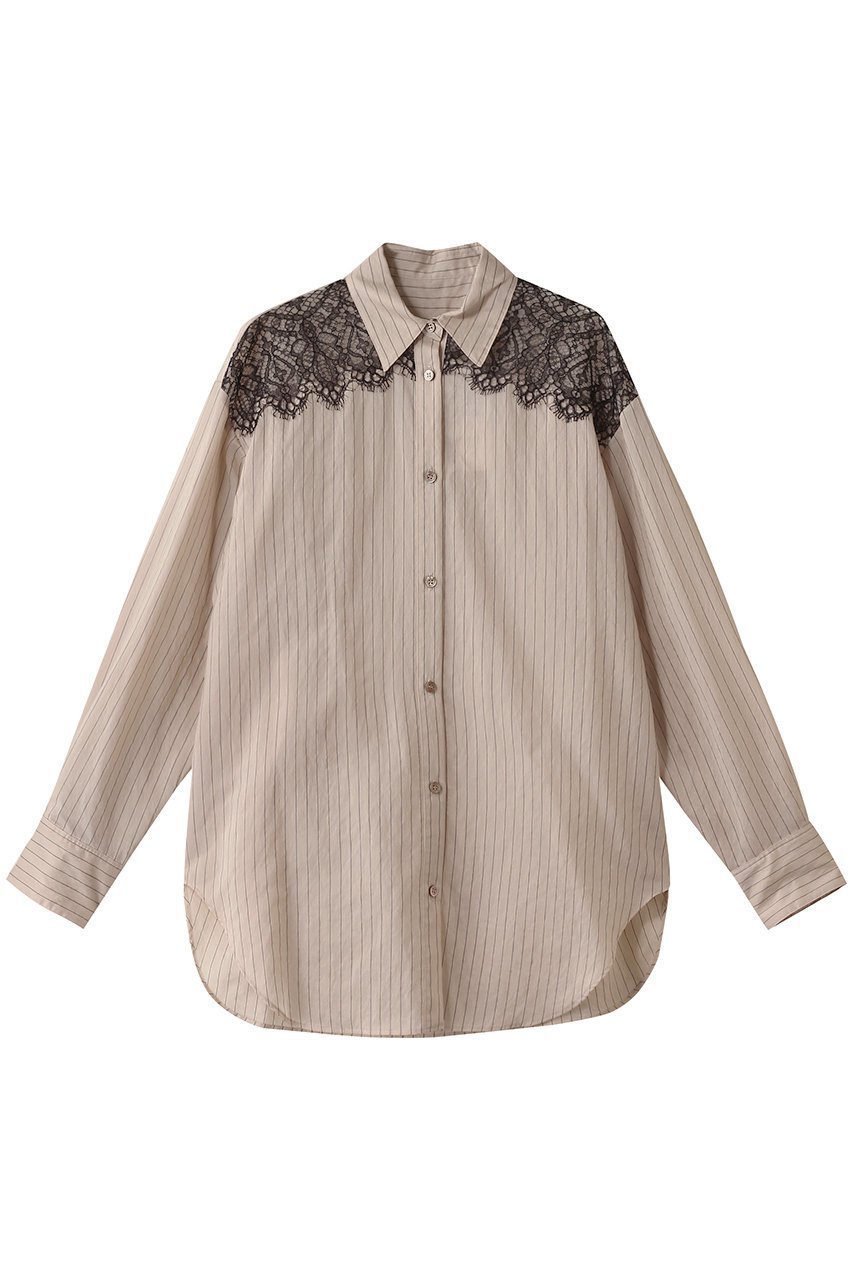 【デザイン ワークス/DESIGN WORKS】のレースストライプシャツ インテリア・キッズ・メンズ・レディースファッション・服の通販 founy(ファニー) 　ファッション　Fashion　レディースファッション　Fashion for Women　トップス・カットソー　Cut & Sew Tops　シャツ・ブラウス・オフィスカジュアル　Elegant Blouses & Button-Ups　シルク　Silk, 100% Silk　ストライプ　Stripe, Striped Pattern　スリーブ　Sleeve, Long Sleeve / Short Sleeve　デニム　Denim, Jeans Material　ファブリック　Fabric, Textile　フェミニン　Feminine, Girly　ヨーク　Yoke, Yoke Design　レース　Lace, Lace Fabric　ロング　Long, Long-Length　エレガント 上品　Elegant　ベージュ|ID: prp329100004365394 ipo3291000000032868624
