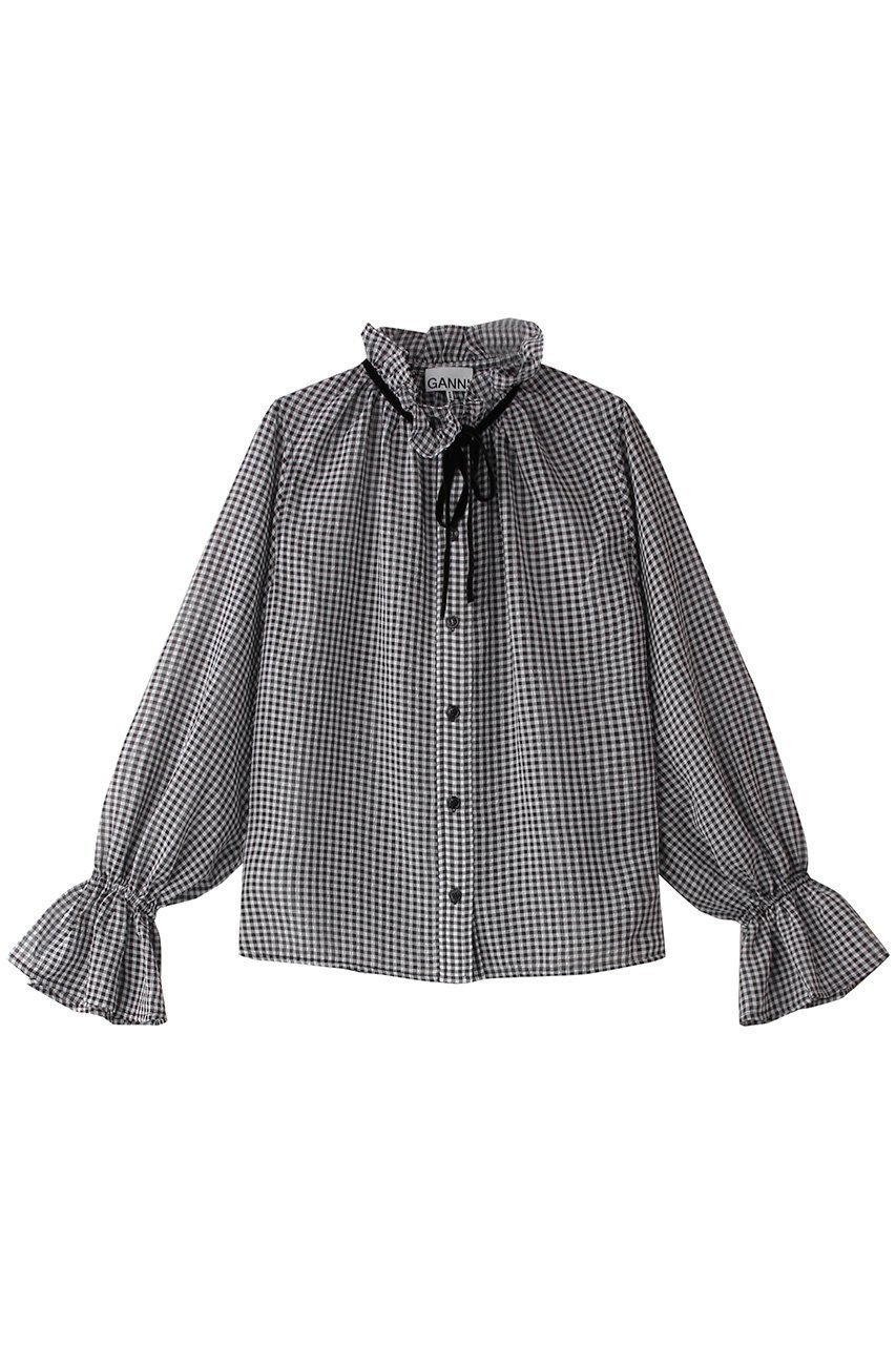 【ガニー/GANNI】のSheer Fluid Check Tie String シャツ 人気、トレンドファッション・服の通販 founy(ファニー) 　ファッション　Fashion　レディースファッション　Fashion for Women　トップス・カットソー　Cut & Sew Tops　シャツ・ブラウス・オフィスカジュアル　Elegant Blouses & Button-Ups　スリーブ　Sleeve, Long Sleeve / Short Sleeve　デニム　Denim, Jeans Material　フェミニン　Feminine, Girly　フリル　Frill, Ruffle　フレア　Flare, Flared　リボン　Ribbon, Bow　ロング　Long, Long-Length　 other-1|ID: prp329100004369479 ipo3291000000032869059
